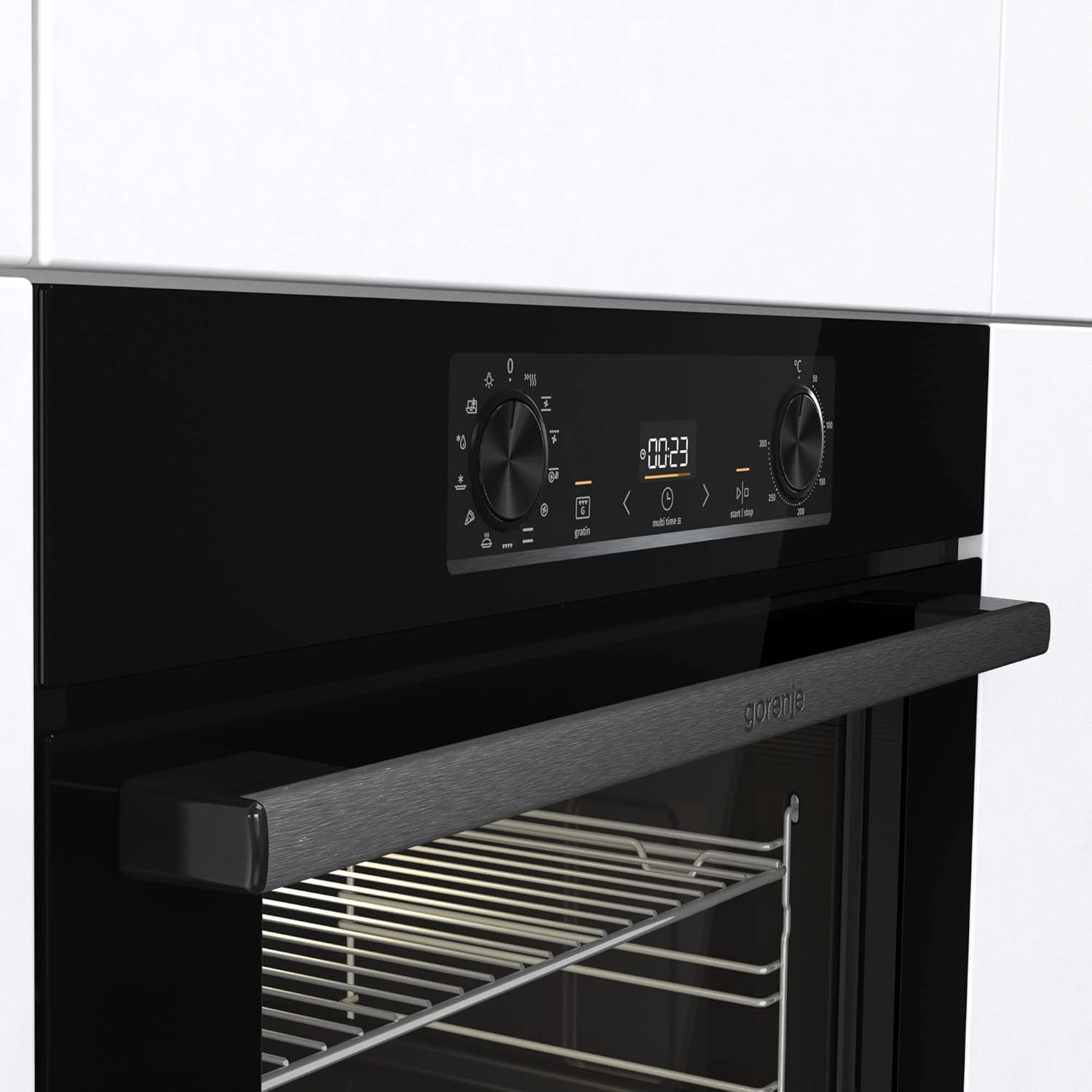 Gorenje 738971 Einbaubackofen-Set OptiBake Black Steam Pyro Set / 77L / Heißluft/Pyrolyse/ExtraSteam/GentleClose/AirFry/Pizzamode 300°C/PerfectGrill/Induktions-Kochfeld mit BridgeZone/schwarz
