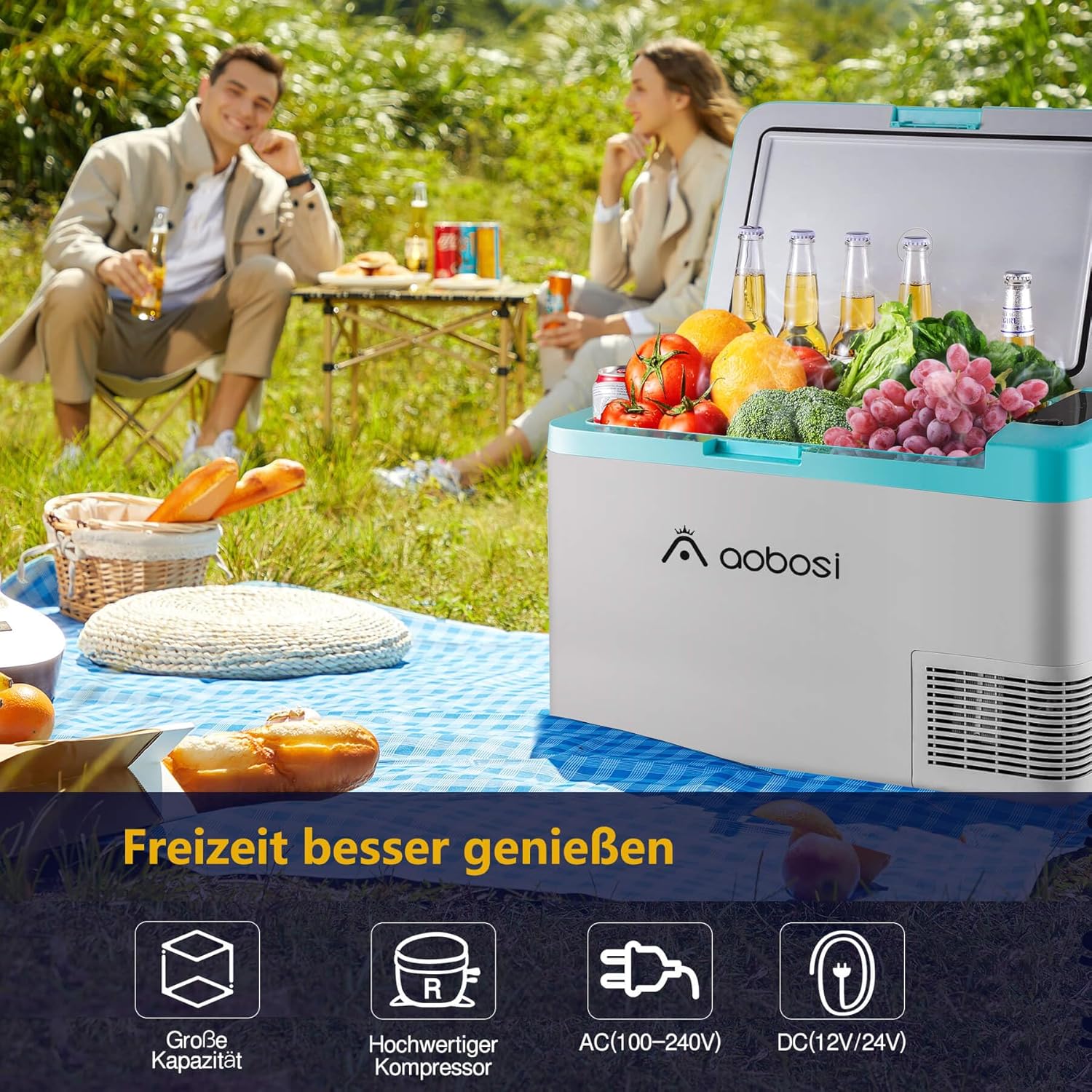 AAOBOSI Compressor Cool Box 36 L, Cool Box Car with WiFi App Control, 12/24 V and 100-240 V Electric Cool Box, up to -20 °C for Car, Truck, Boat, Motorhome, Camping, Double Zone