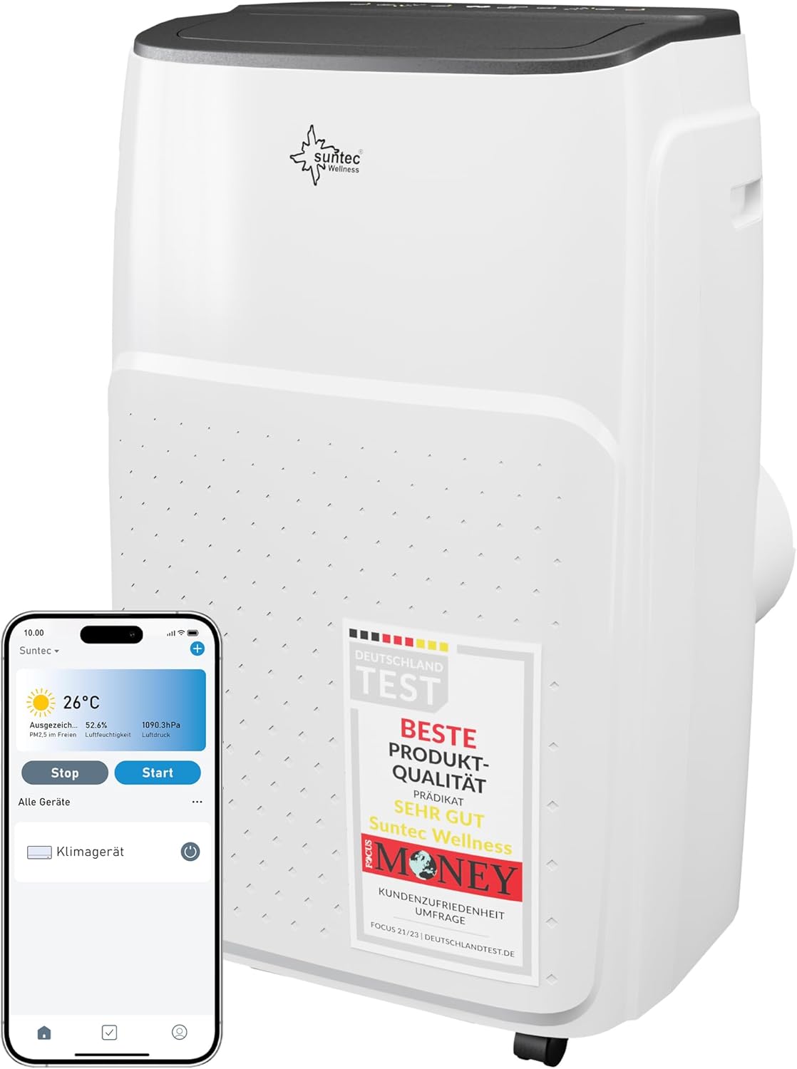 SUNTEC Mobiles Klimagerät Impuls 2.6 Eco R290 – Klimaanlage mobil und leise mit Abluftschlauch – Kühler & Entfeuchter für Räume bis 34 qm – Mobile Kühlung für Wohnung & Büro – 9.000 BTU | 2600 Watt