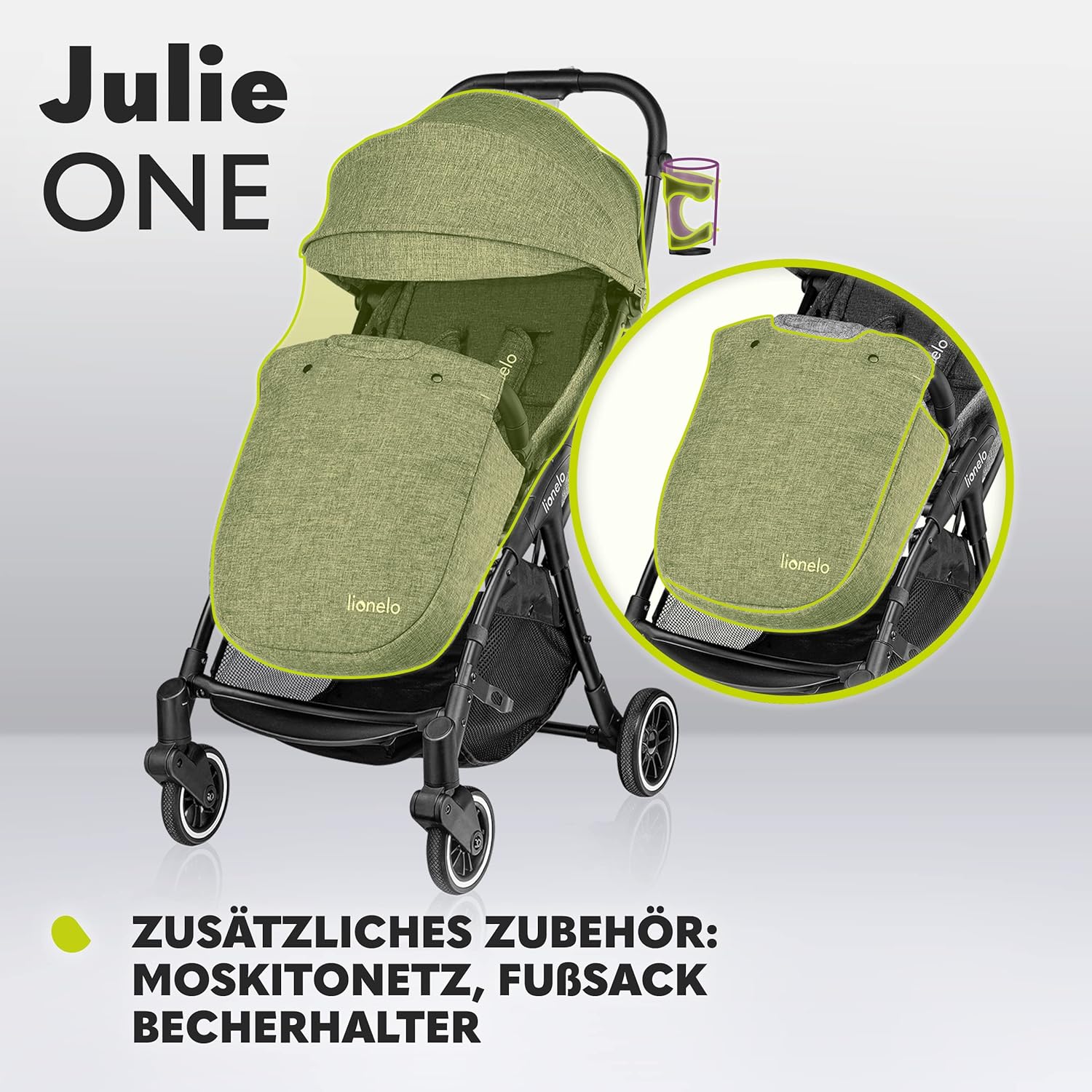 LIONELO Julie One Buggy Kinderwagen bis 22 kg, verstellbare Rückenlehne und Fußstütze, Moskitonetz, Beinwärmer, Getränkehalter und Transporttasche, zusammenklappbar