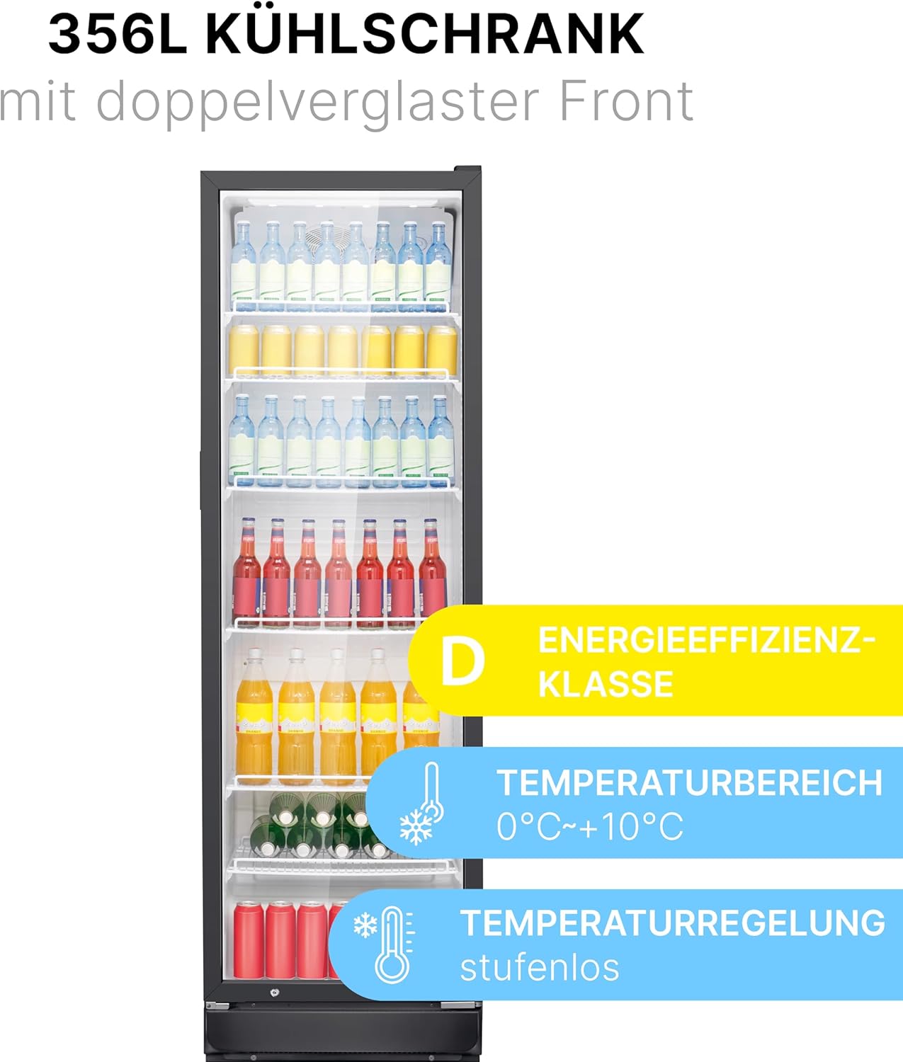 Bomann Kühlschrank mit Glastür | Getränkekühlschrank abschließbar | 6 höhenverstellbare Ablagen | 30kg je Ablage | 347 Liter | Kühlschrank groß | Flaschenkühlschrank m. LED-Licht | KSG 7351 schwarz