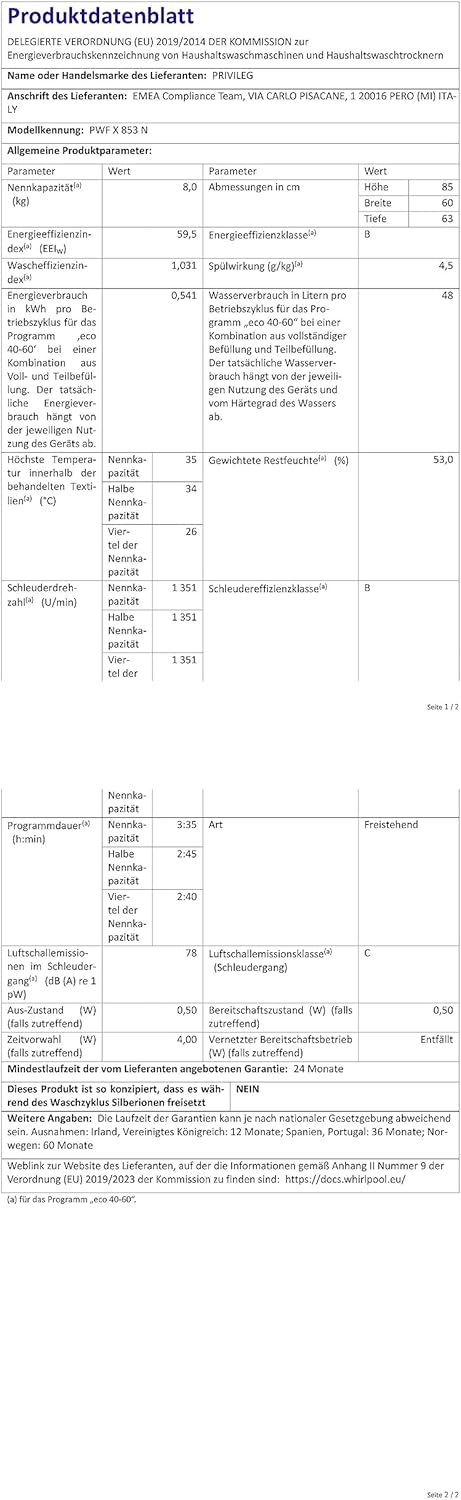 Privileg PWFV X 853 N Waschmaschine Frontlader/1400 U/min/8 kg/EEK B/Push & Go Steam/Dampf-Programme/Schnell 45min Volle Ladung/Schnell-Programme(20/45/60 Min.)/Inverter-Motor/Mehrfachwasserschutz