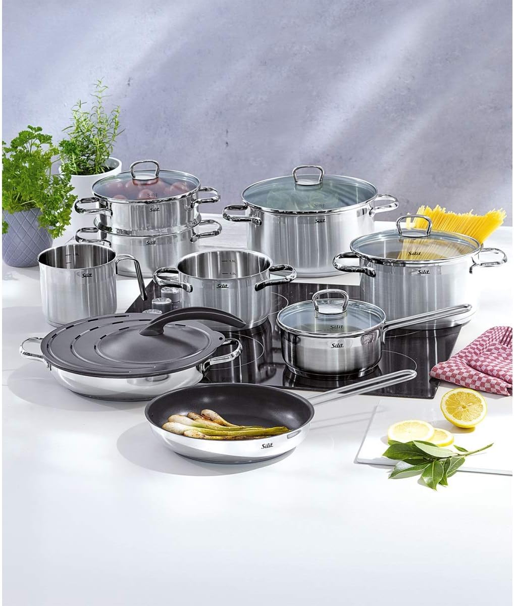 Silit Toskana Topfset induktionsgeeignet 10-teilig, Kochtopf Set mit Glasdeckel, Induktionskochtöpfe, Milchtopf, Dämpfer, Pfanne, Edelstahl teilmattiert, Induktions Töpfe Set unbeschichtet