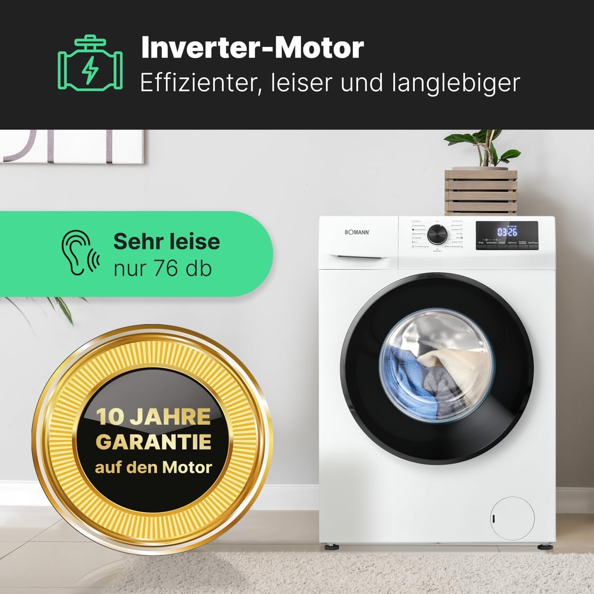 Bomann Waschmaschine 7kg | max. 1400 U/min | 10 Jahre Motor-Garantie | effizienter, leiser & langlebiger Invertermotor | 15 Programme | Endzeitvorwahl | LED-Display | Washing Machine | WA 7175 wei