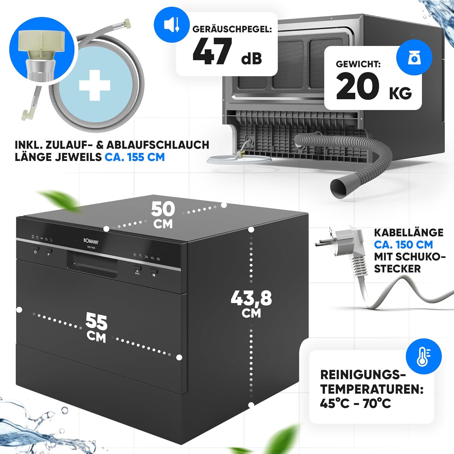 Bomann Mini Geschirrspüler mit Wasseranschluss | inkl. Schlauch | Tisch Geschirrspüler leise | Mini Spülmaschine für kleine Küchen/Camping | Spülmaschine klein m. Überlaufsicherung | TSG 7405 schwarz