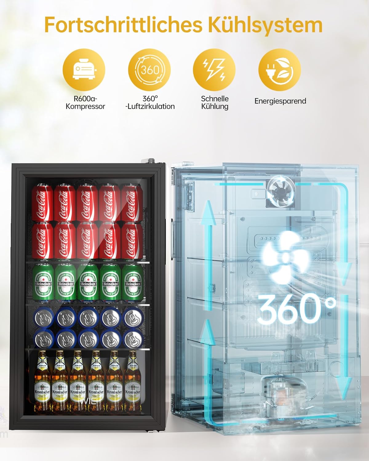 WIE Getränkekühlschrank Mini Kühlschrank mit Doppelte Glastür mit Verstellbaren Ablagen Indoor Outdoor Klein Bierkühlschrank Wendetür Leise 86 Liter 120 Dosen für Soda/Bier für Zuhause/Küche/Bar/Büro