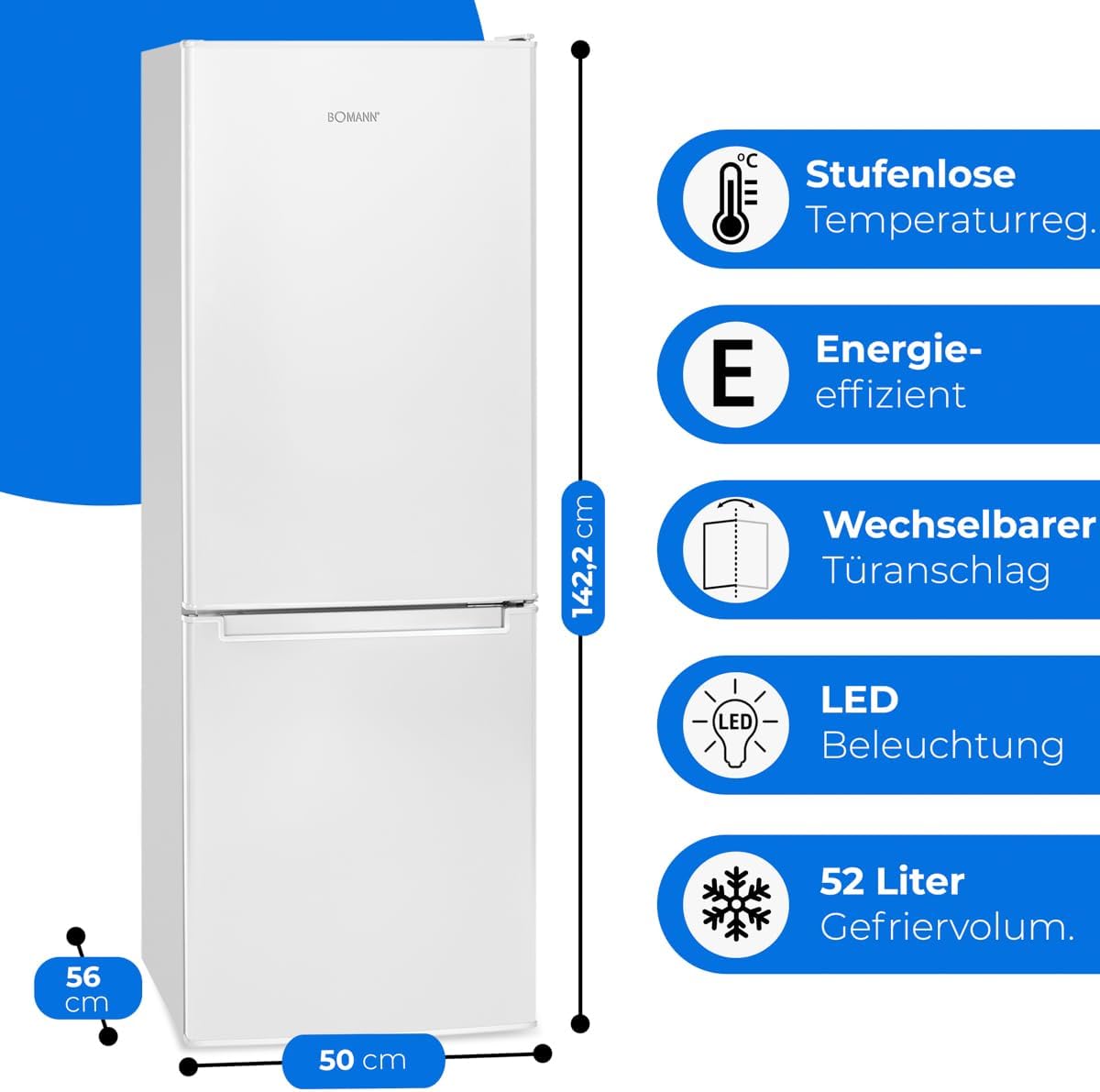 Bomann® Kühlschrank mit Gefrierfach 143cm hoch | Kühl Gefrierkombination 173L mit 3 Ablagen & 3 Schubladen | Türanschlag wechselbar | leise Kühlgefrierkombi 40db | Kühlschrank | KG 7331 inox