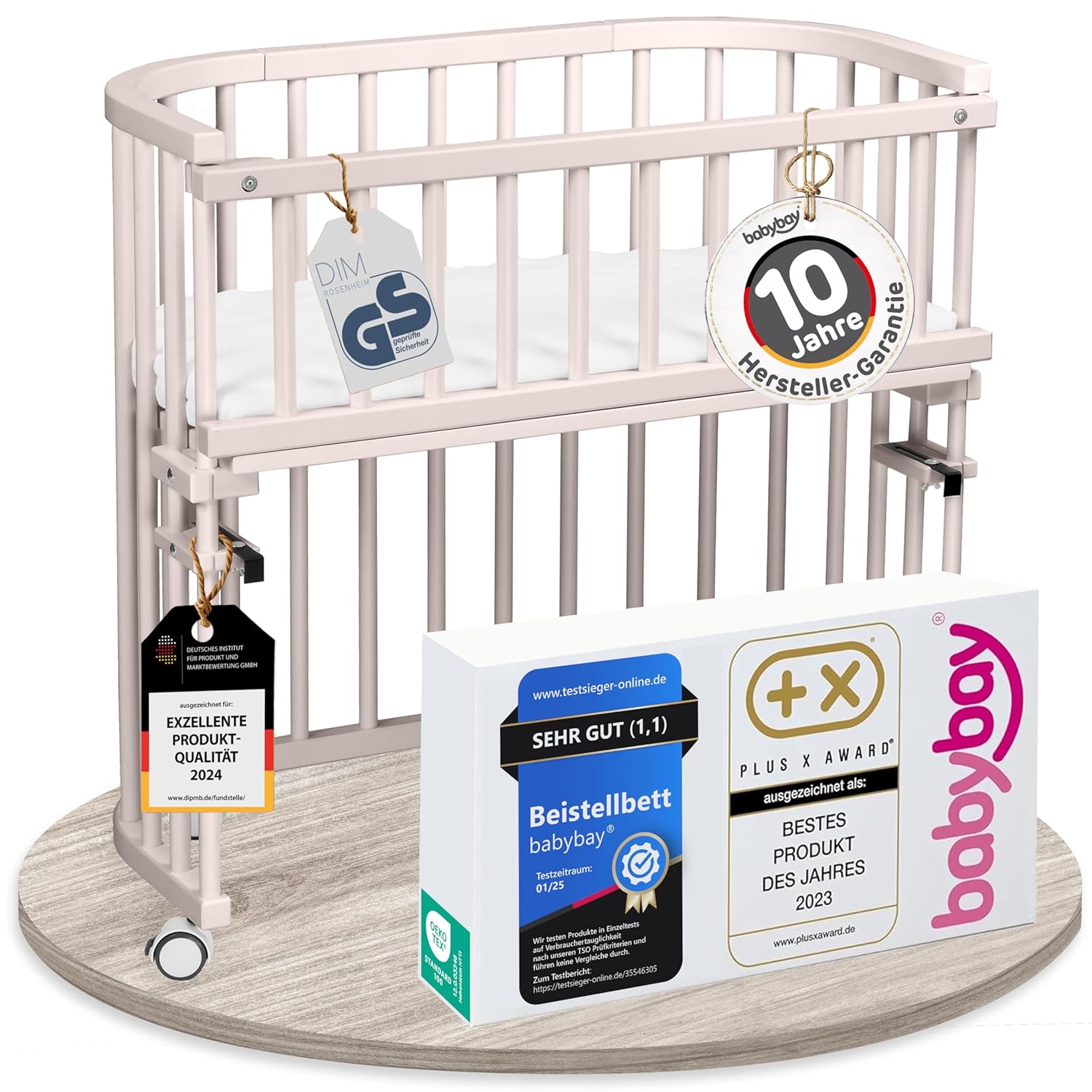 babybay Original Beistellbett aus massivem Buchenholz / kompakt & verwandelbar / Kinderbett Höhe stufenlos verstellbar & umweltfreundlich / mitwachsendes Babybett (weiß lackiert) / inkl. Matratze