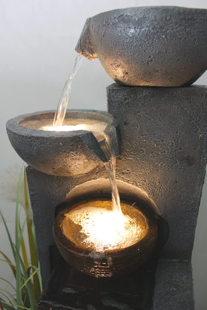 Arnusa Großer Gartenbrunnen mit LED Beleuchtung Springbrunnen Kaskade Wasserspiel Gartendekoration, Schwarz, Grau