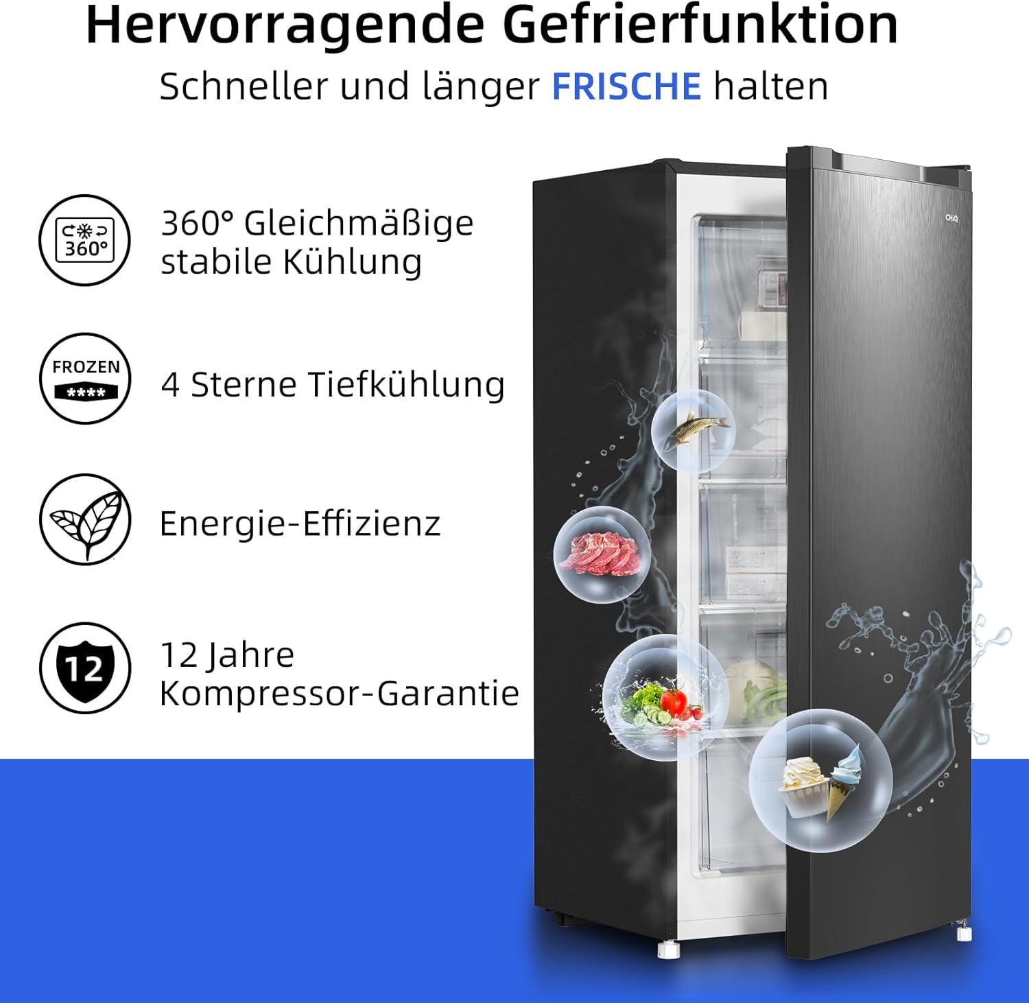 CHIQ Gefrierschrank FSD160D4E | Wechselbarer Türanschlag | Sehr Leise 41 DB (145L Manuelle Abtauung)| 12 Jahre Garantie auf den Kompressor*| 126 x 54 x 55 cm (HxBxT)