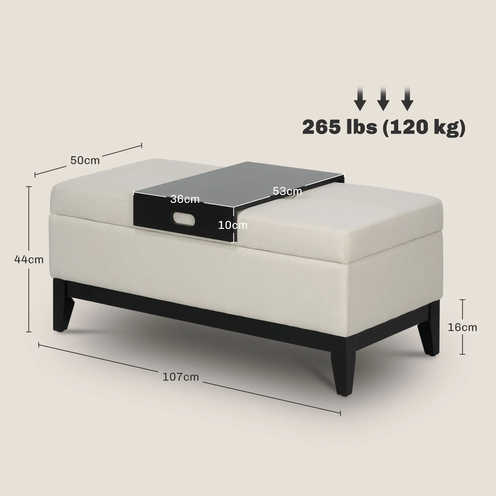 HOMCOM Sitzbank mit Stauraum und Tablett cremeweiß