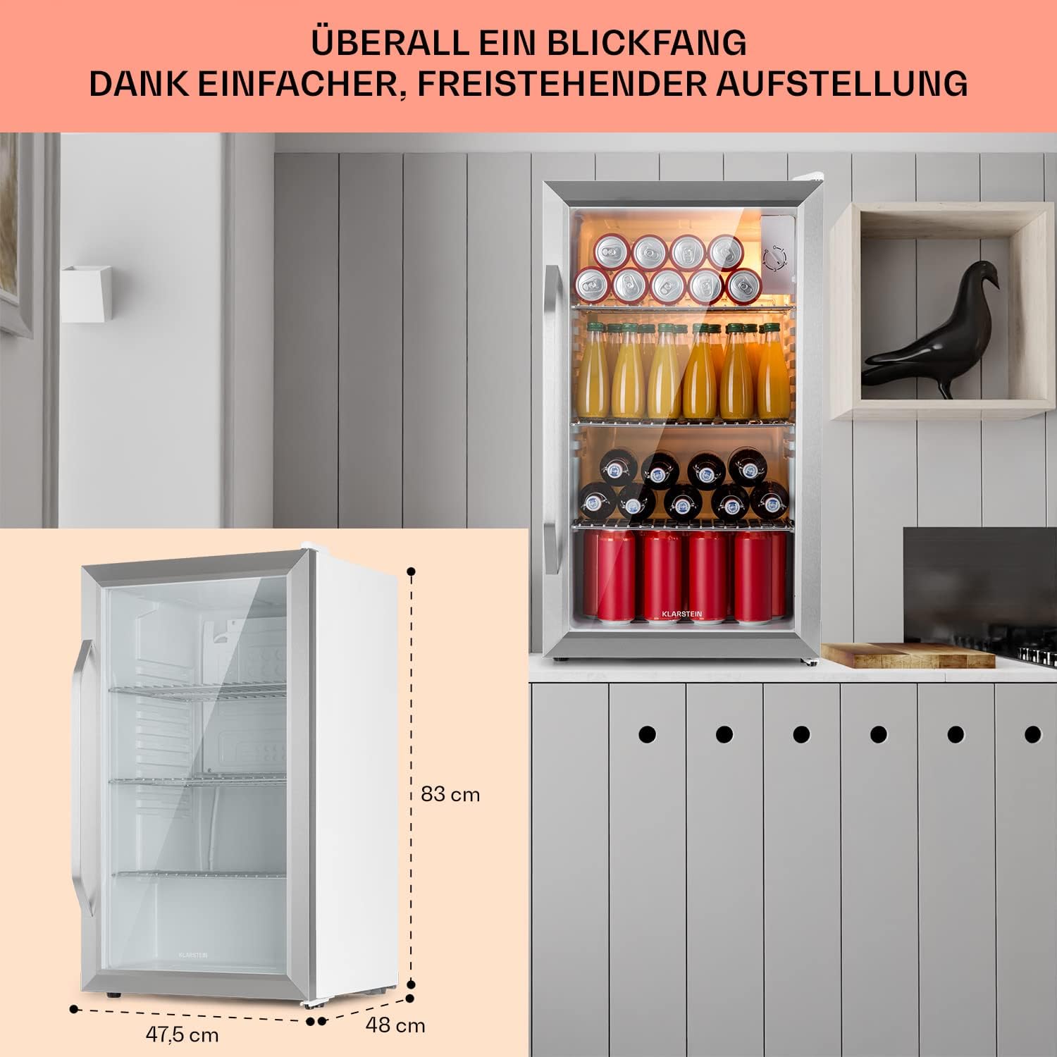 Klarstein Mini Kühlschrank mit Glastür für Zimmer, Getrnkekühlschrank mit Verstellbaren Ablagen, Kleiner 80 Liter, Indoor/Outdoor Kühlschrank Leise