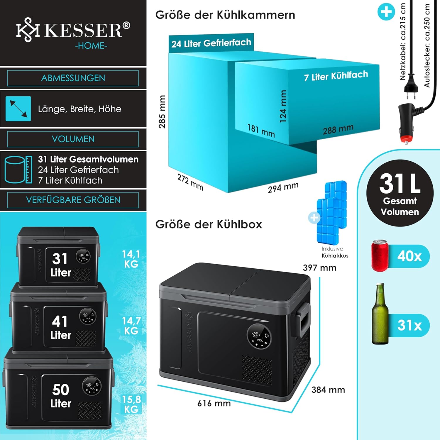 KESSER Kompressor Kühlbox 2in1 Doppelzone Kühl & Gefrierfach elektrische Gefrierbox mit 2x Kühlakkus & LED-Touch-Bedienung | Kühlschrank Kühlung bis -20 °C für Camping, Auto, Lkw 12/24V 230V