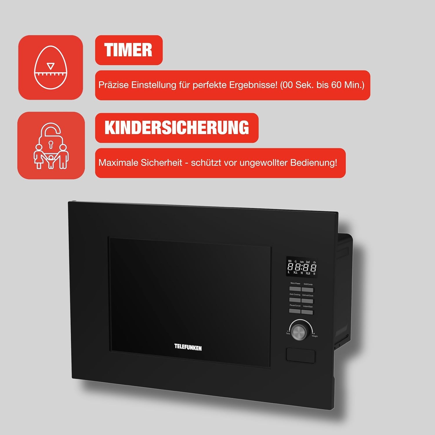 Telefunken Einbaumikrowelle mit Grill | Mikrowelle mit 20 L Garraum | Einbau Mikrowellengerät 60 cm | 8 Auto-Menüs | 700 W | 800 W Grill | 5 Leistungsstufen | mit Drehteller | schwarz | B-MWE-20-G-B