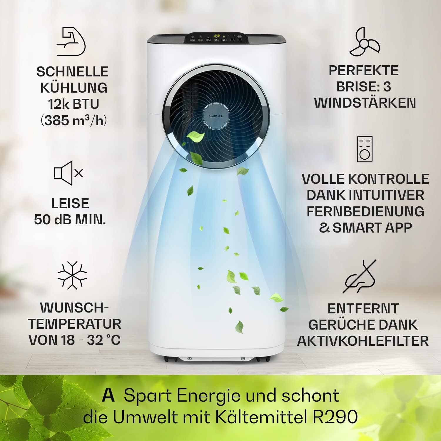 Klarstein Mobile Klimaanlage mit Abluftschlauch, 5-in-1 Klimagerät, Ventilator, Luftentfeuchter, Luftreiniger & Nachtmodus, App-Steuerung, Kleine & Portable für Wohnung & Büro, 12000 BTU