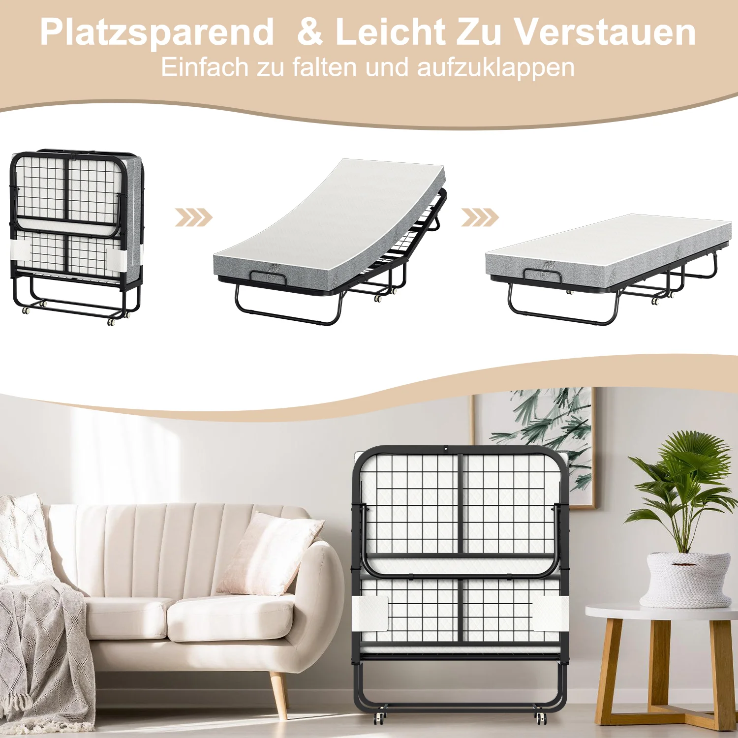 Sonnewelt Klappbett 90x200cm mit 13cm Dicke und Rollen