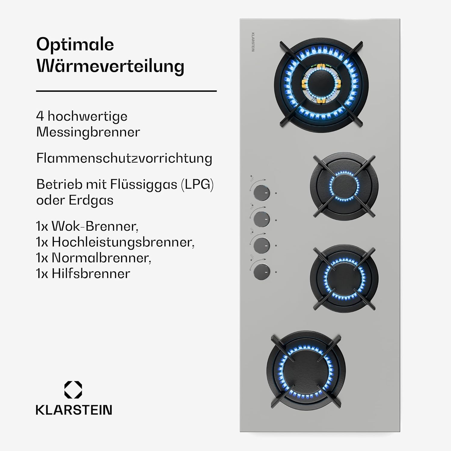 Klarstein Gasherd, Gaskochfeld 5 Flammen, Einbau-Gaskocher für Zuhause & Wohnmobil, Campingkocher mit Glasplatte, Gasherd für Propan- und Erdgas, Edelstahl Gas-Herdplatte Wok Brenner 10400 Watt