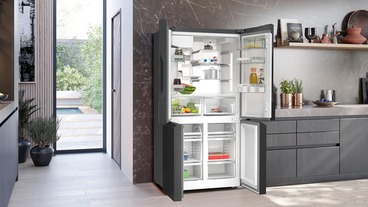 SIEMENS KF96NVPEA iQ300 Multi-Door-Kühlschrank, 183 x 91 cm, 405 L Kühlen & 200 L Gefrieren, hyperFresh längere Frische, noFrost nie wieder abtauen, superCooling schnellere Kühlung