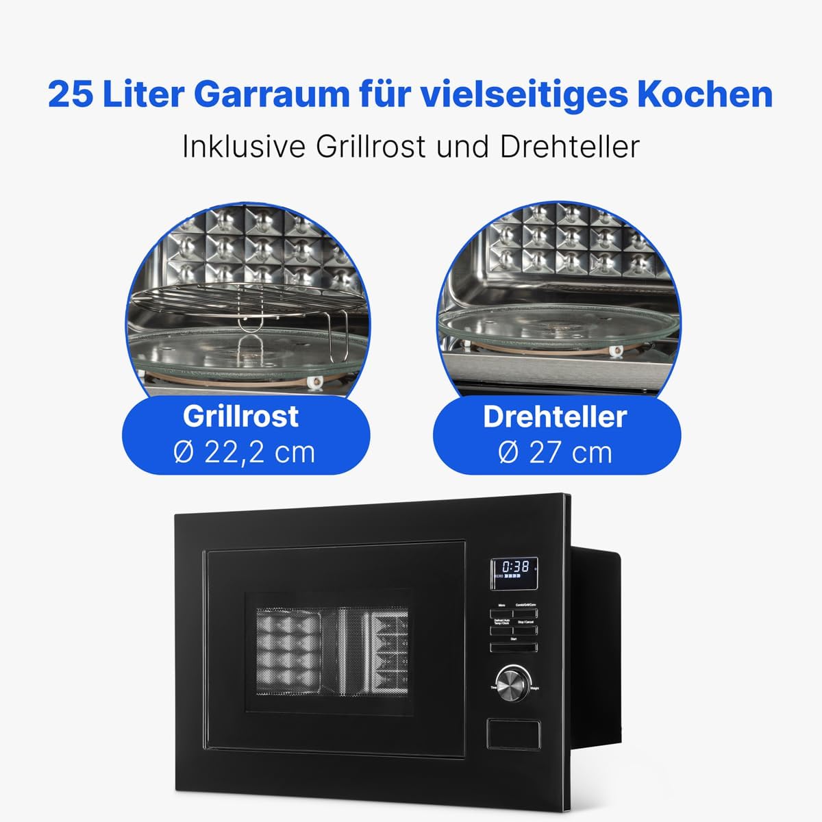 Bomann® 3in1 Einbau Mikrowelle mit Grill und Heißluft | Microwave mit 25L Garraum | 8 Automatikprogramme | Auftaufunktion | inkl. Grillrost und Drehteller (Ø 27 cm) | 900W | MWG 3001 H EB schwarz-matt