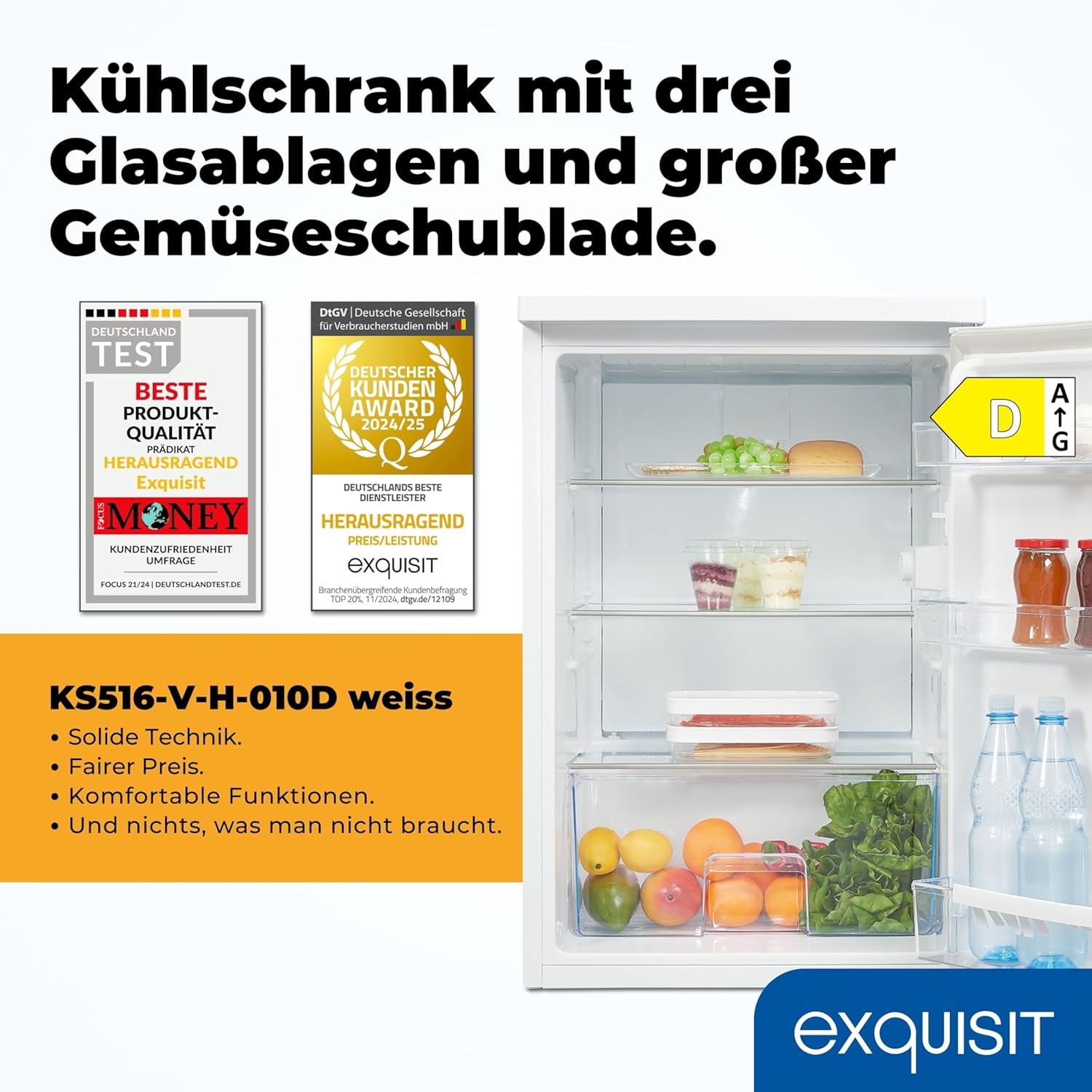 Exquisit Kühlschrank ohne Gefrierfach, 133 Liter, Vollraumkühlschrank freistehend, Türanschlag Wechselbar, KS516-V-H-010D weiss