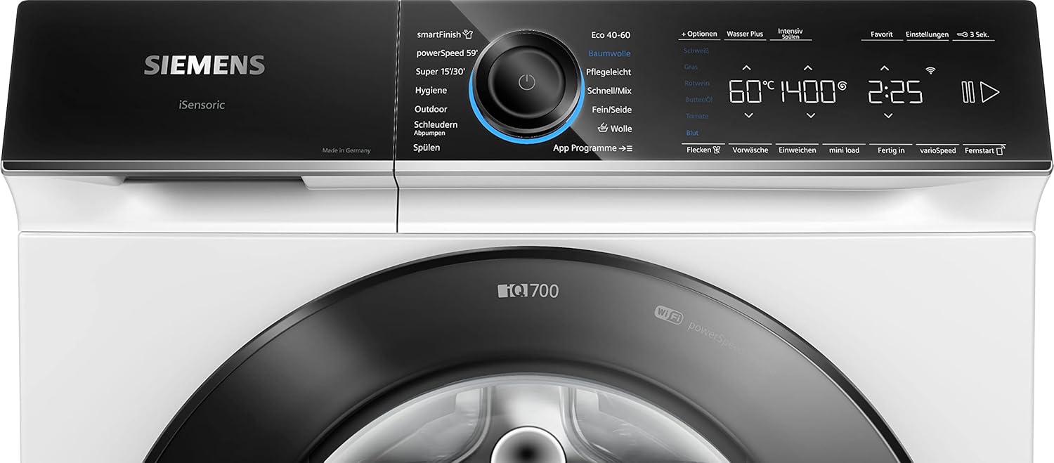 Siemens WG54B2030 Waschmaschine iQ700, Frontlader mit 10kg Fassungsvermögen, 1400 UpM, speedPack XL, Antiflecken-System, Home Connect, Weiß, 60cm