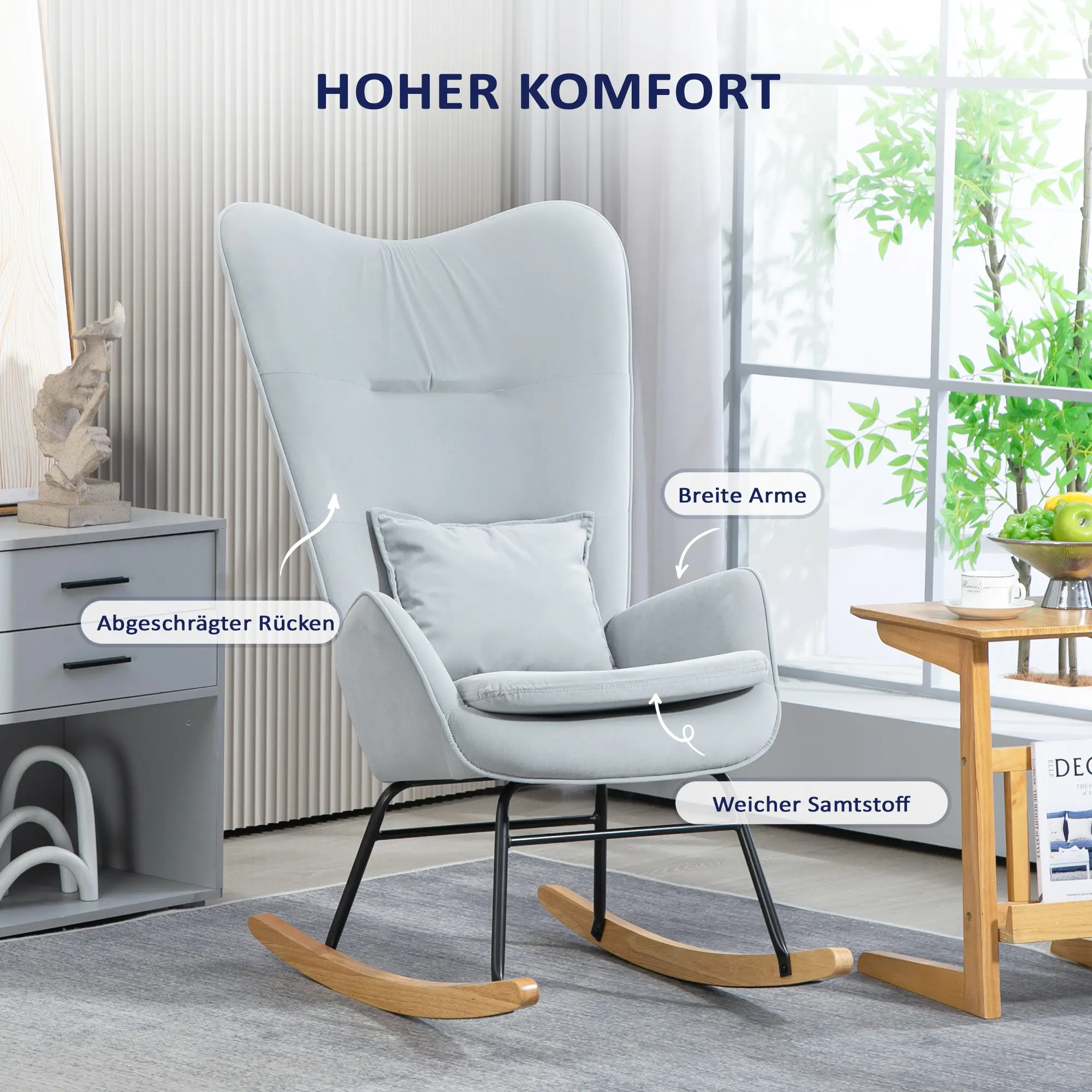 HOMCOM Schaukelstuhl Schwingsessel samtweich mit Nierenkissen hellgrau