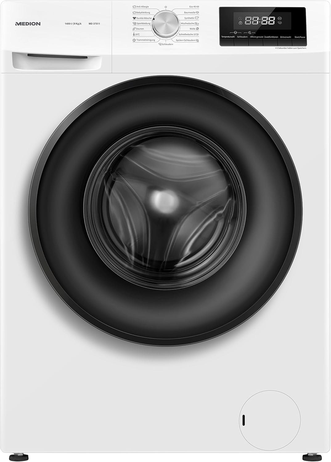 MEDION Waschmaschine (8 kg, 1400 U/Min, 15 Programme, Timerfunktion, Kindersicherung, LED Display, MD 37511)