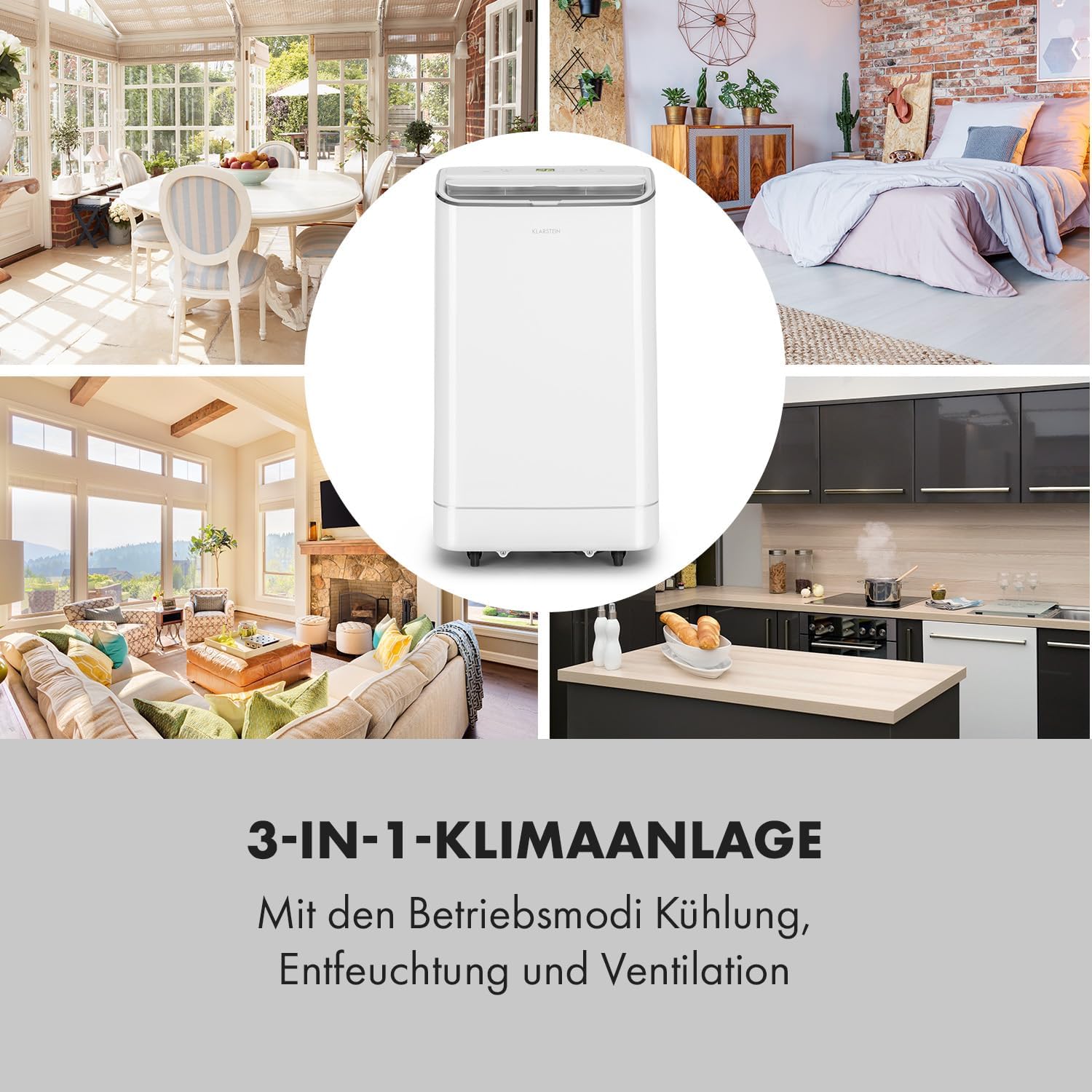 Klarstein Mobile Klimaanlage mit Abluftschlauch, 3-in-1 Klimagerät mit Ventilator, Luftentfeuchter & Nachtmodus, Kleine & Portable Klimaanlage für Wohnung & Büro, 12000 BTU Niedrig Verbrauch