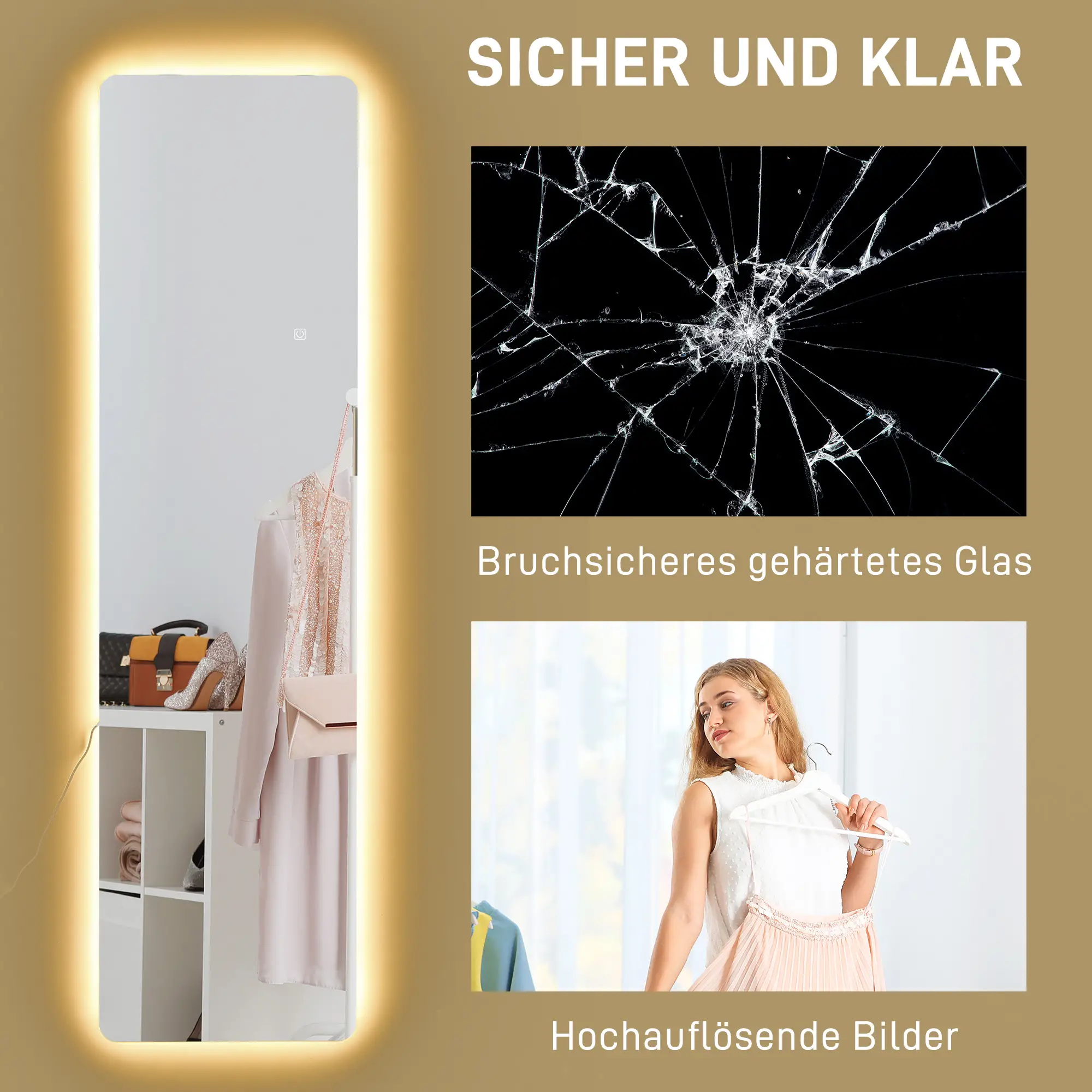 HOMCOM Standspiegel LED Touch dimmbar 3 Lichtfarben Ganzkörperspiegel