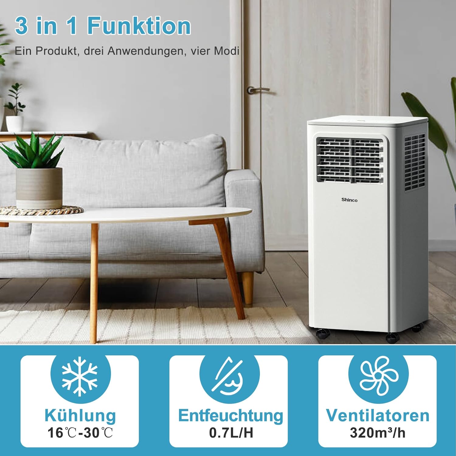 SHINCO Mobile Klimaanlage mit Abluftschlauch, 12000BTU, Kühlung&Heizung&Ventilieren&Entfeuchten, Mobiles Klimagert mit Fenstermontage-Kit, 24H-Timer, APP, für Rume von etwa 90m