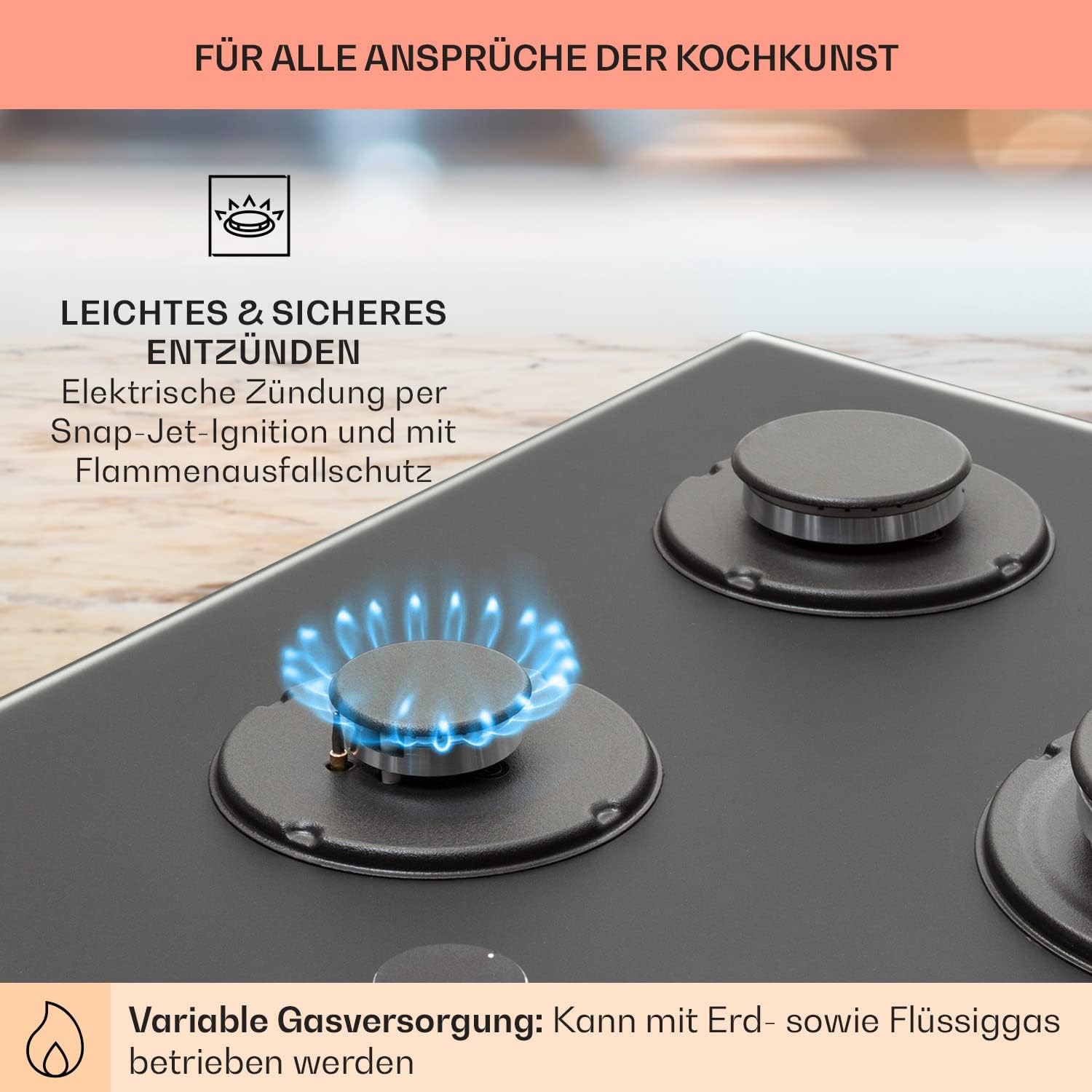 Klarstein Gasherd, Einbau-Gasherd für Propan Gasflasche, Gaskochfeld 4 Flammig, Gasherd für Küche, Camping & Wohnmobil, 8000 W Kochplatte, LPG Gaskocher, Herdplatte für Propangas, Edelstahl Gas-Herd