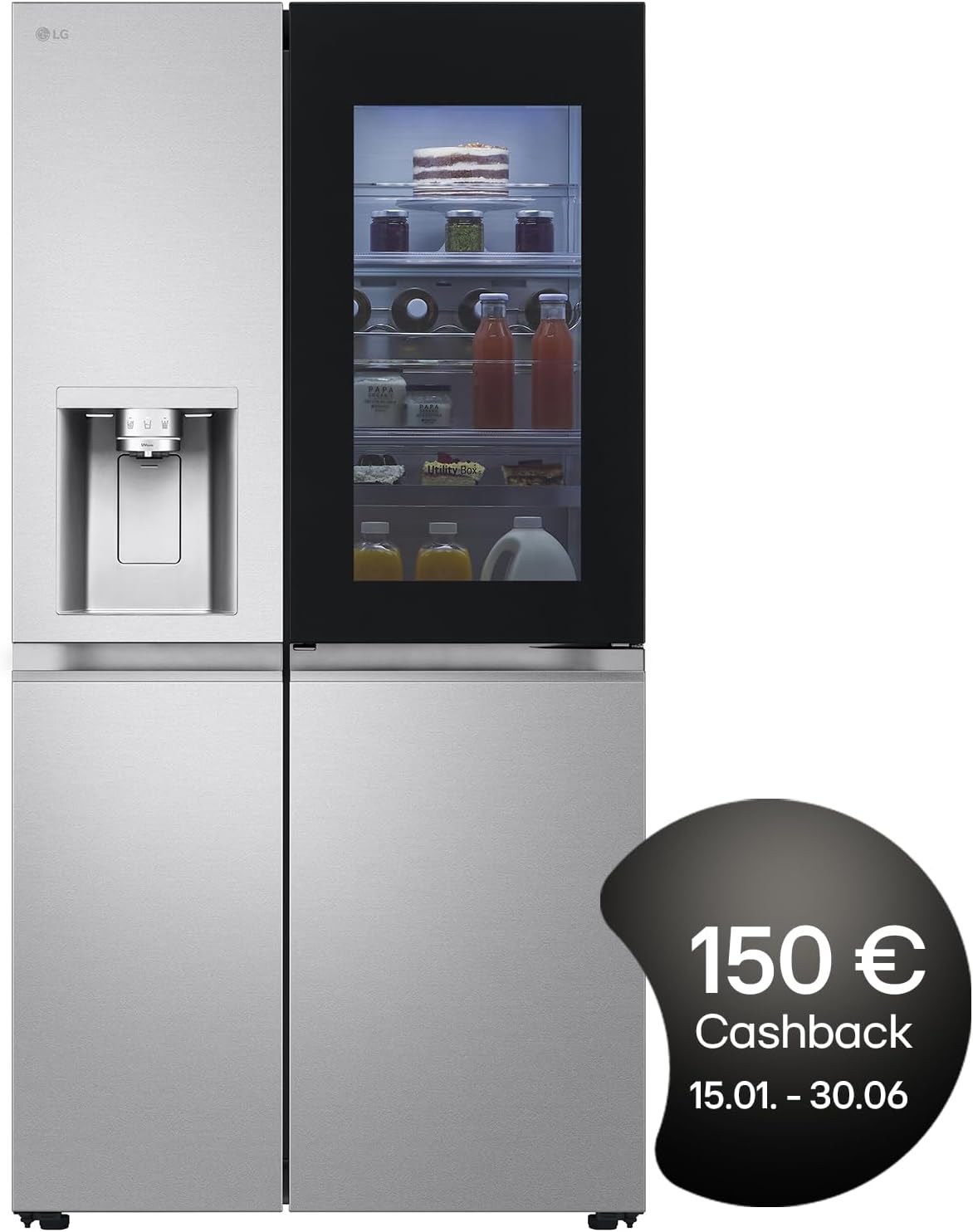 LG GSGV81PYLL Side by Side Kühlschrank, Klasse E, 635 L, Instaview, Kühlschrank mit Gefrierfach, Eis-, Crushed Ice- Wasserspender, Total NoFrost, Smart Inverter Kompressor, Wi-Fi