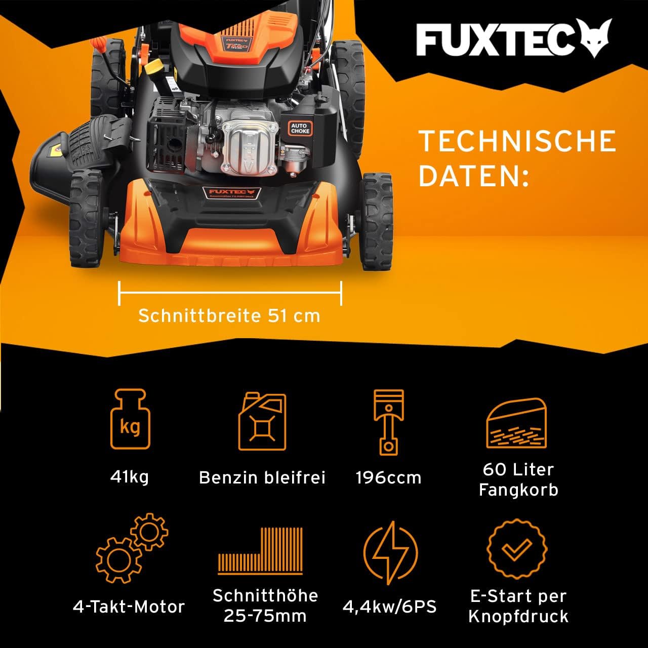 FUXTEC 4in1 Benzin Rasenmäher FX-RM5196eSPRO mit E-Start und regulierbarem Selbstantrieb, Gartenmäher inkl. Frontstoßstange, 51 cm Schnittbreite, kugelgelagerte Big Wheel Räder, 60L Grasfangkorb