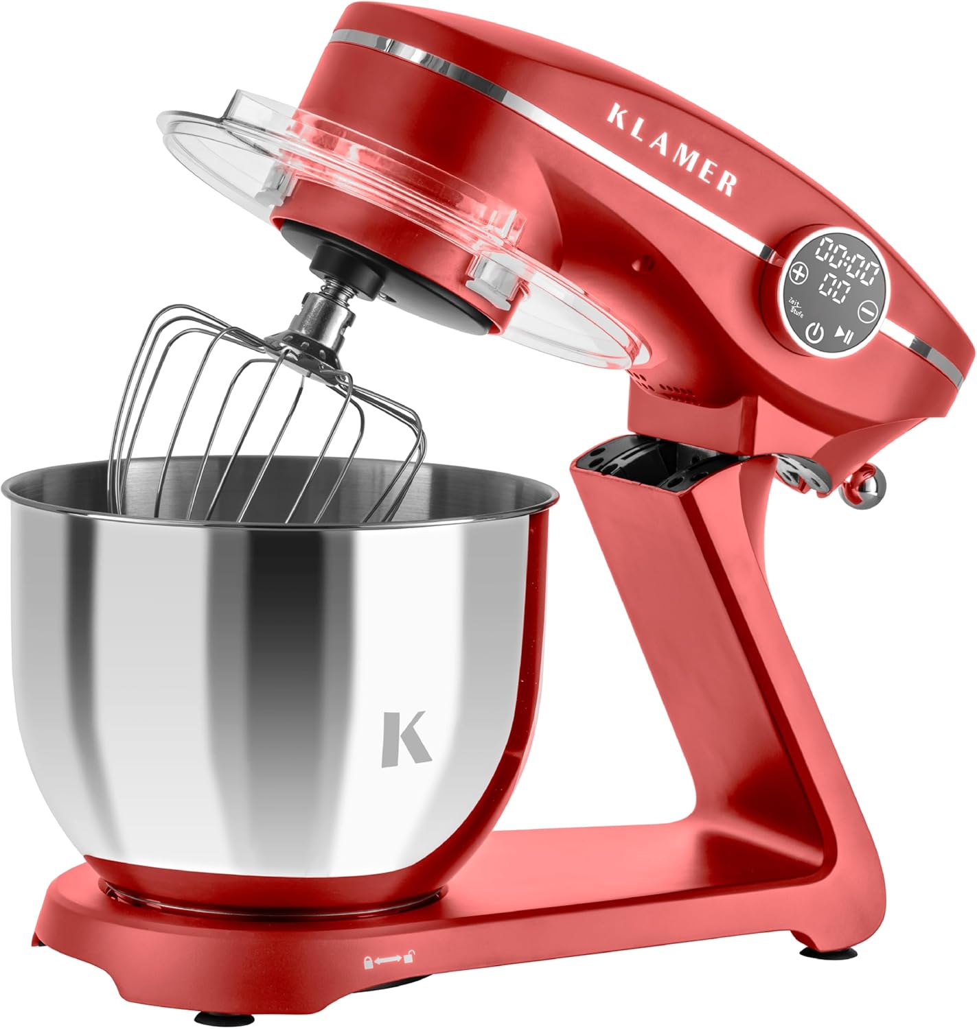 KLAMER Küchenmaschine 1800W, Knetmaschine mit 6 Liter Edelstahl Schüssel, 10 Geschwindigkeitsstufen mit Timer, Rührbesen, Knethaken, Schneebesen und Spritzschutz