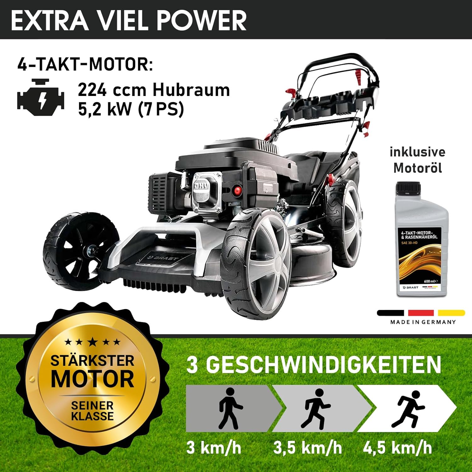 BRAST Benzin Rasenmäher mit Antrieb | 5,2kW (7PS) | 55cm Schnittbreite | viele Modelle | TÜV | 30-80mm Schnitthöhe | 60L Fangkorb | 4 Takt OHV Motor | Stahlgehäuse | Power