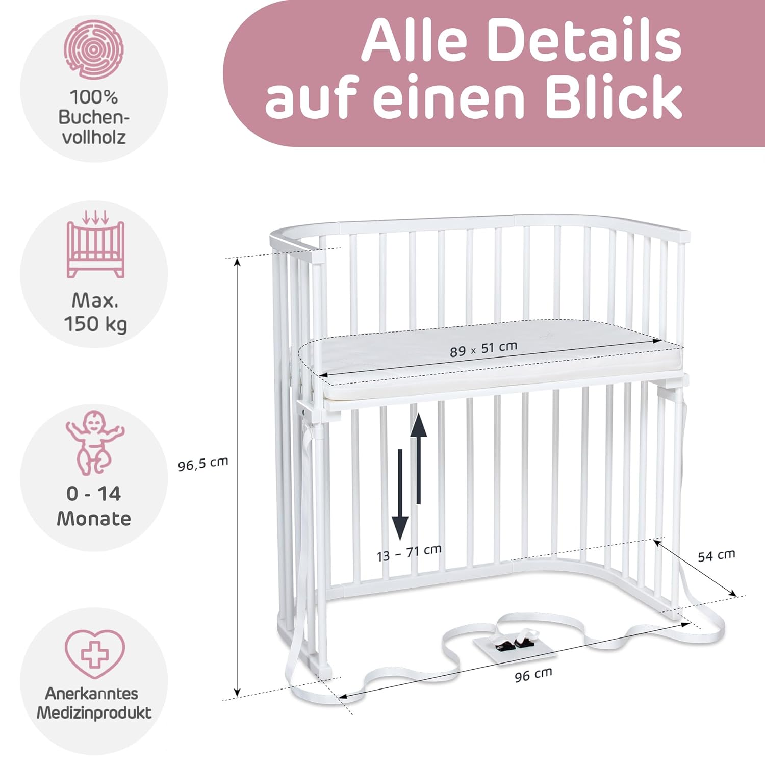 babybay Original Beistellbett aus massivem Buchenholz / kompakt & verwandelbar / Kinderbett Höhe stufenlos verstellbar & umweltfreundlich / mitwachsendes Babybett (weiß lackiert) / inkl. Matratze