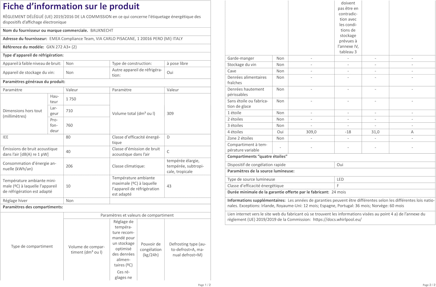 Bauknecht GKN 272 A3+ Gefrierschrank / 309 L Gesamtnutzinhalt / NoFrost / EasyOpen Ventil / Innenbeleuchtung / Elektronische Steuerung mit innenliegendem Bedienfeld, Weiß