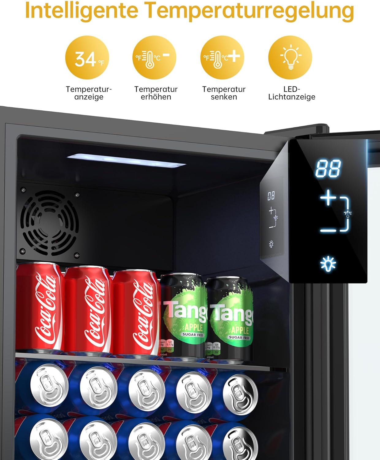 WIE Getränkekühlschrank Mini Kühlschrank mit Doppelte Glastür mit Verstellbaren Ablagen Indoor Outdoor Klein Bierkühlschrank Wendetür Leise 86 Liter 120 Dosen für Soda/Bier für Zuhause/Küche/Bar/Büro