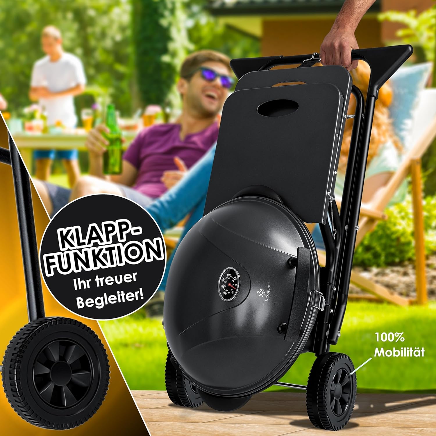 KESSER elektrischer Elektrogrill 2in1 Tischgrill - Standgrill mit Deckel und Standfuß | max. 2400 Watt | Faltbar | Thermostat | Antihaftbeschichtung | Grillplatte Abstelltische | 2 Räder |