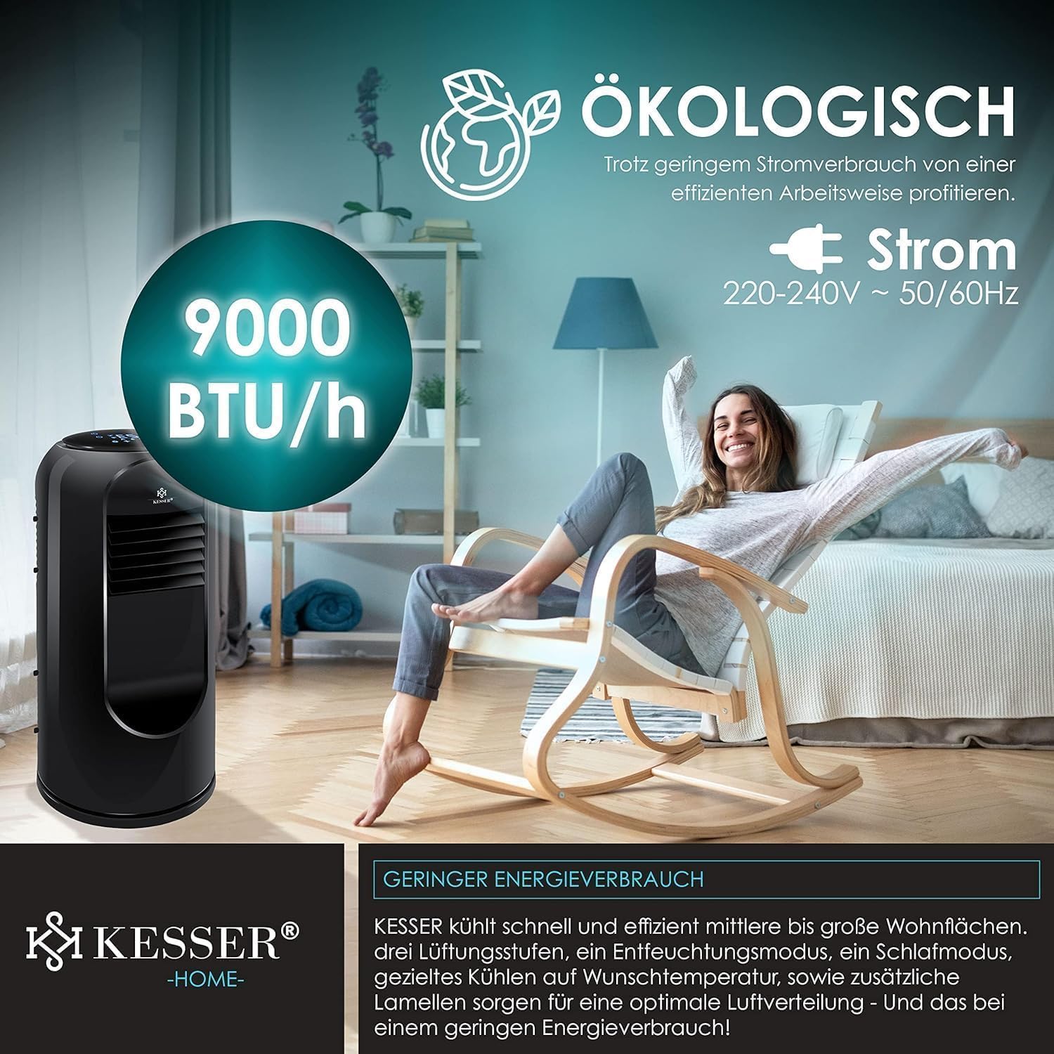 KESSER® Klimaanlage Mobil Klimagerät Sky Tower 4in1 kühlen, Luftentfeuchter, lüften, Ventilator - 9000 BTU/h (2.600 Watt) 2,7KW - Klima, Fernbedienung und Timer, Nachtmodus (EEK: D), Schwarz