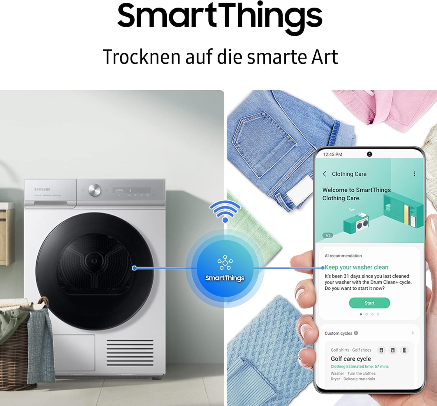 Samsung WW90T504AAWCS2 Waschmaschine, 9 kg, 1.400 U/min, Extra energiesparend, EEK: A (-10 %), AI Ecobubble, AI Control, SmartThings App und AI Energy Mode, Hygiene-Dampfprogramm, Weiß