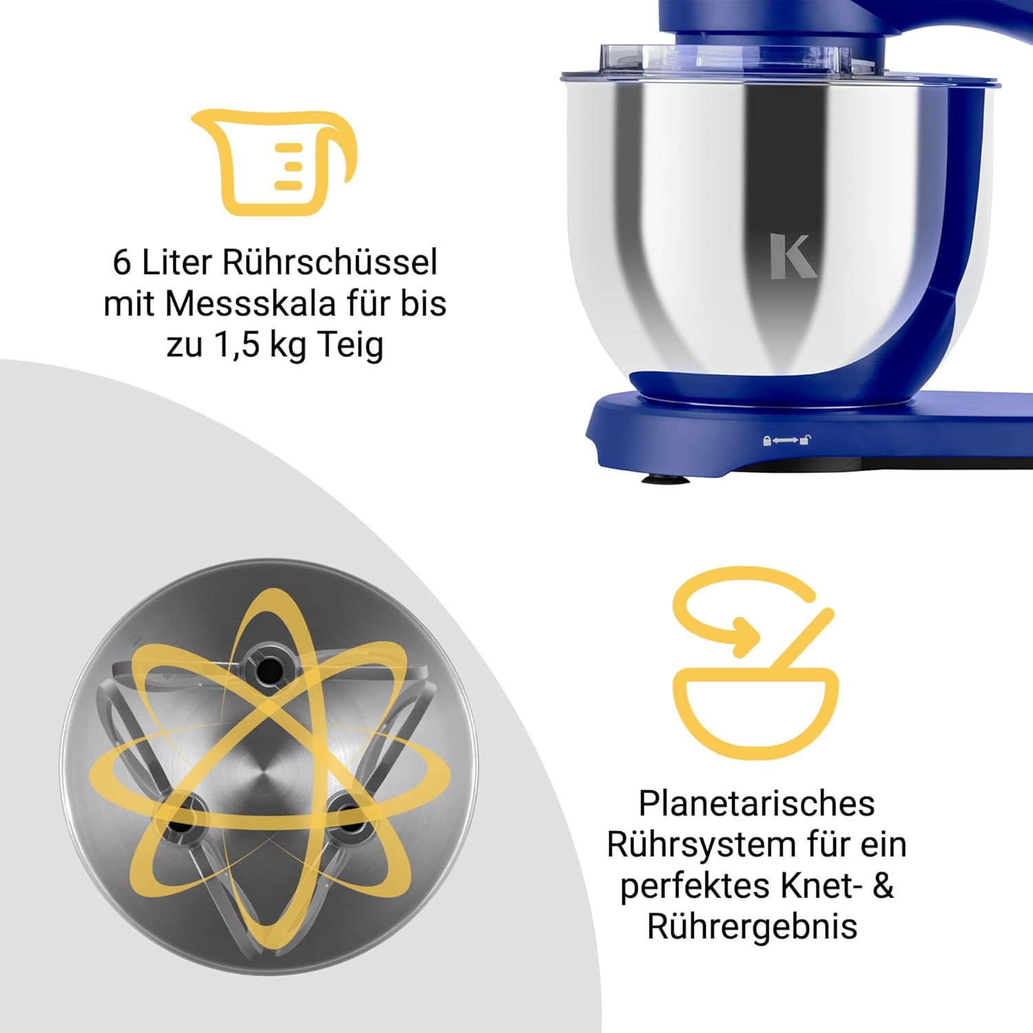 KLAMER Küchenmaschine 1800W, Knetmaschine mit 6 Liter Edelstahl Schüssel, 10 Geschwindigkeitsstufen mit Timer, Rührbesen, Knethaken, Schneebesen und Spritzschutz