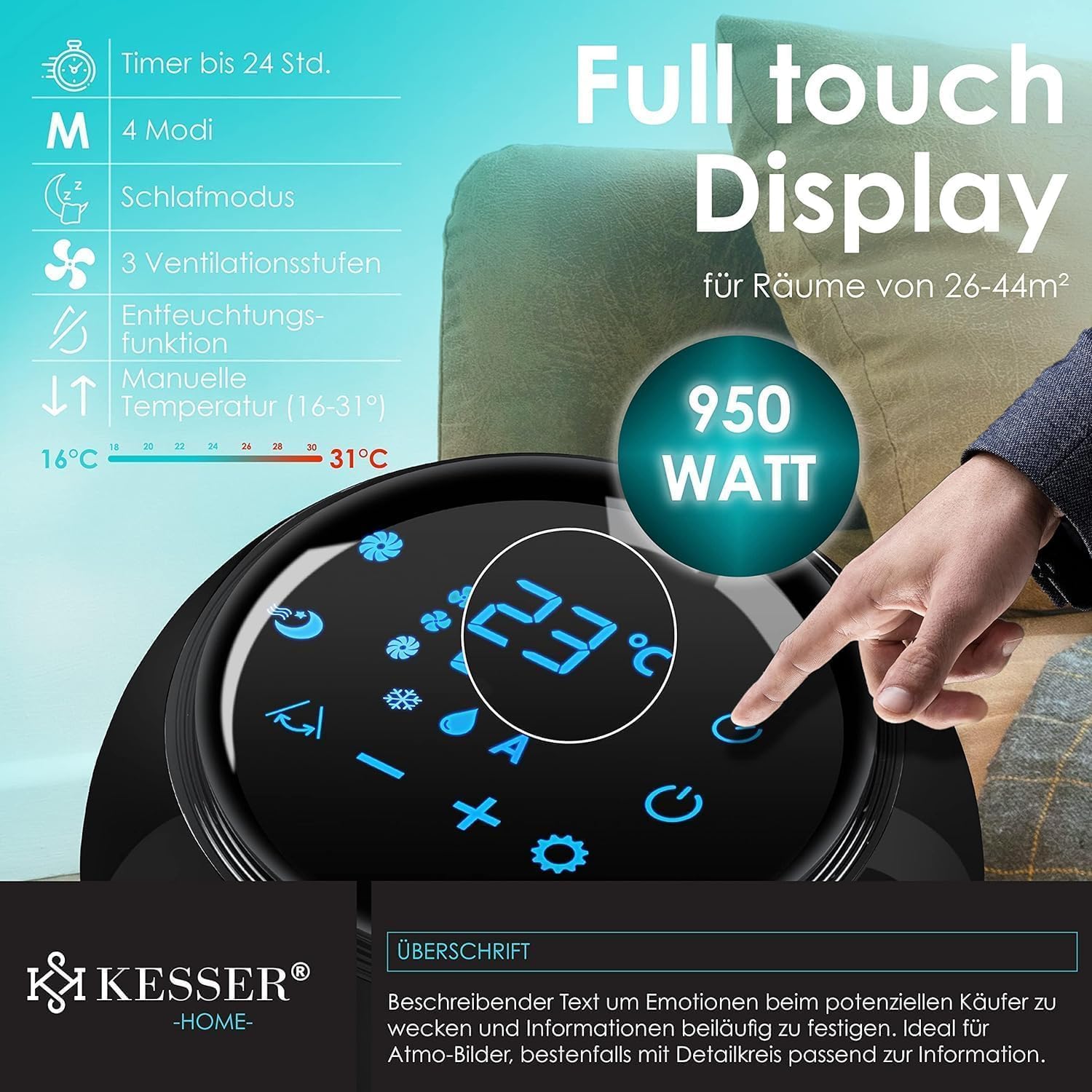 KESSER® Klimaanlage Mobil Klimagerät Sky Tower 4in1 kühlen, Luftentfeuchter, lüften, Ventilator - 9000 BTU/h (2.600 Watt) 2,7KW - Klima, Fernbedienung und Timer, Nachtmodus (EEK: D), Schwarz