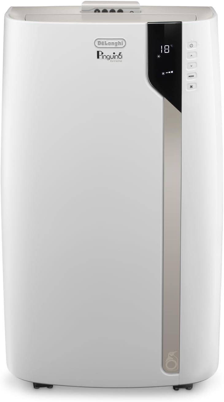 De'Longhi Pinguino PAC EM82, Mobile Klimaanlage für Rume bis zu 80 m, 9.400 BTU, 2,4 kW, 63 dB, Entfeuchtungsfunktion, Energieklasse A, 24h-Timer, Wei