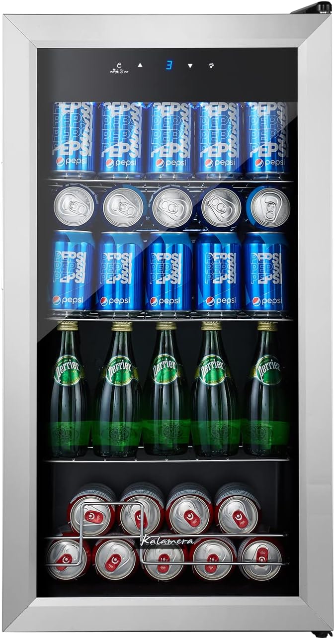 Kalamera Getränkekühlschrank, Bierkühlschrank mit Touch-Bedienfeld, 3-18°C Kühlzone, Flaschenkühlschrank 86 Liter, Blaue LED-Innenbeleuchtung, 41 dB, KRC-86GE