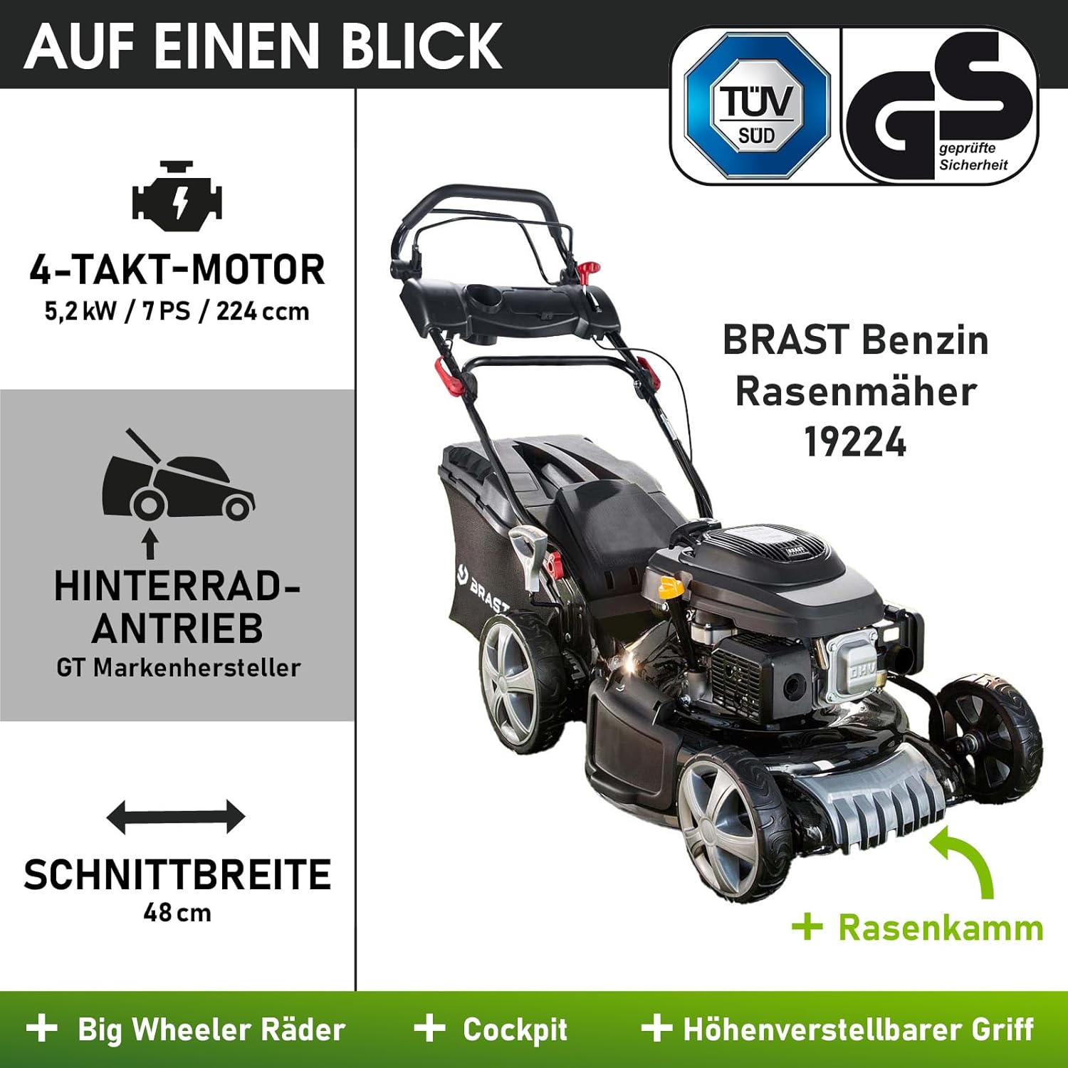BRAST Benzin Rasenmäher mit Antrieb | 5,2kW(7PS) | Elektrostart | 48cm Schnittbreite | viele Modelle | TÜV | 4 Takt OHV Motor | 30-80mm Schnitthöhe | 60L Fangkorb | Stahlgehäuse | 19224 ESTART Speed