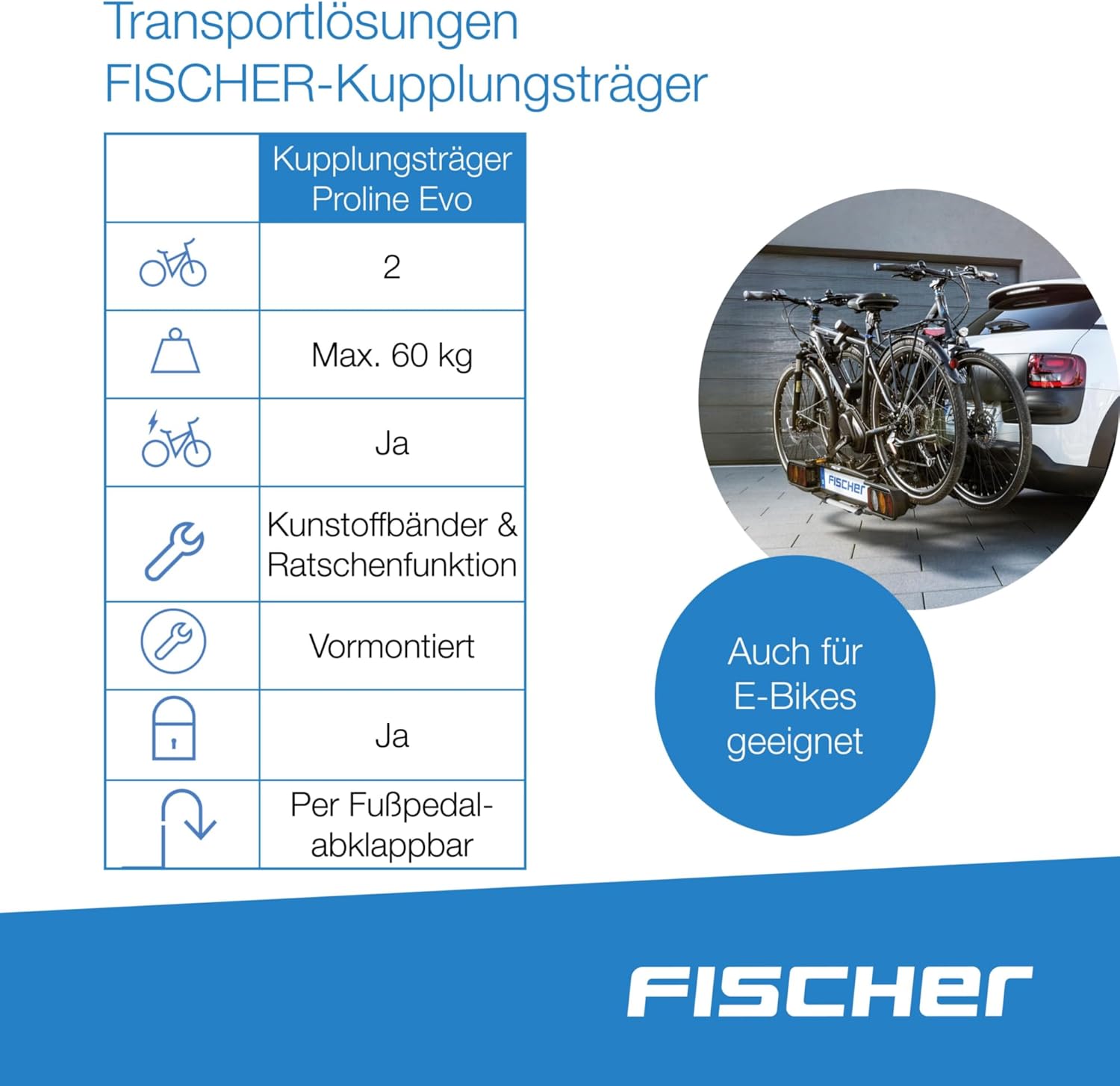 Fischer Kupplungs-Fahrradträger ProlineEvo 2, für 2 Fahrräder bis 60kg Nutzlast, E-Bike geeignet, vormontiert, abschließbar, faltbar