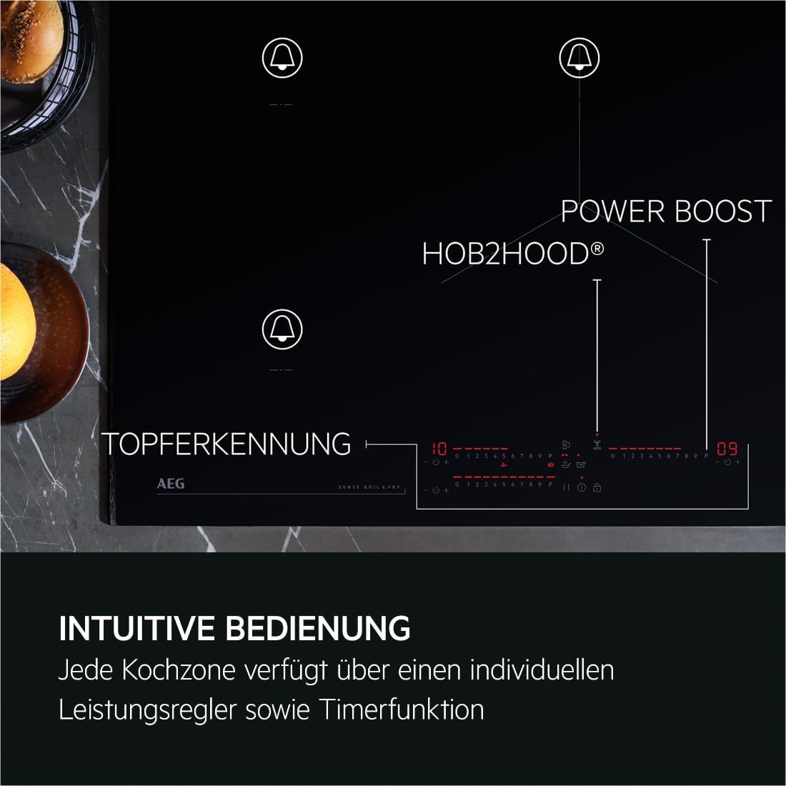 AEG IKE84441XB Autarkes Kochfeld / Herdplatte mit Touchscreen, Topferkennung & Hob²Hood-Funktion / Induktionskochplatte / 4 Kochzonen / Edelstahlrahmen / 80 cm Schwarz