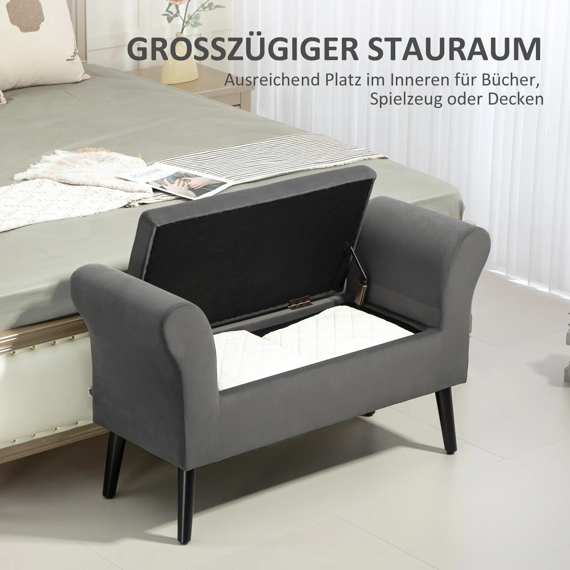 HOMCOM Sitzbank mit Stauraum & Armlehnen, Dunkelgrau