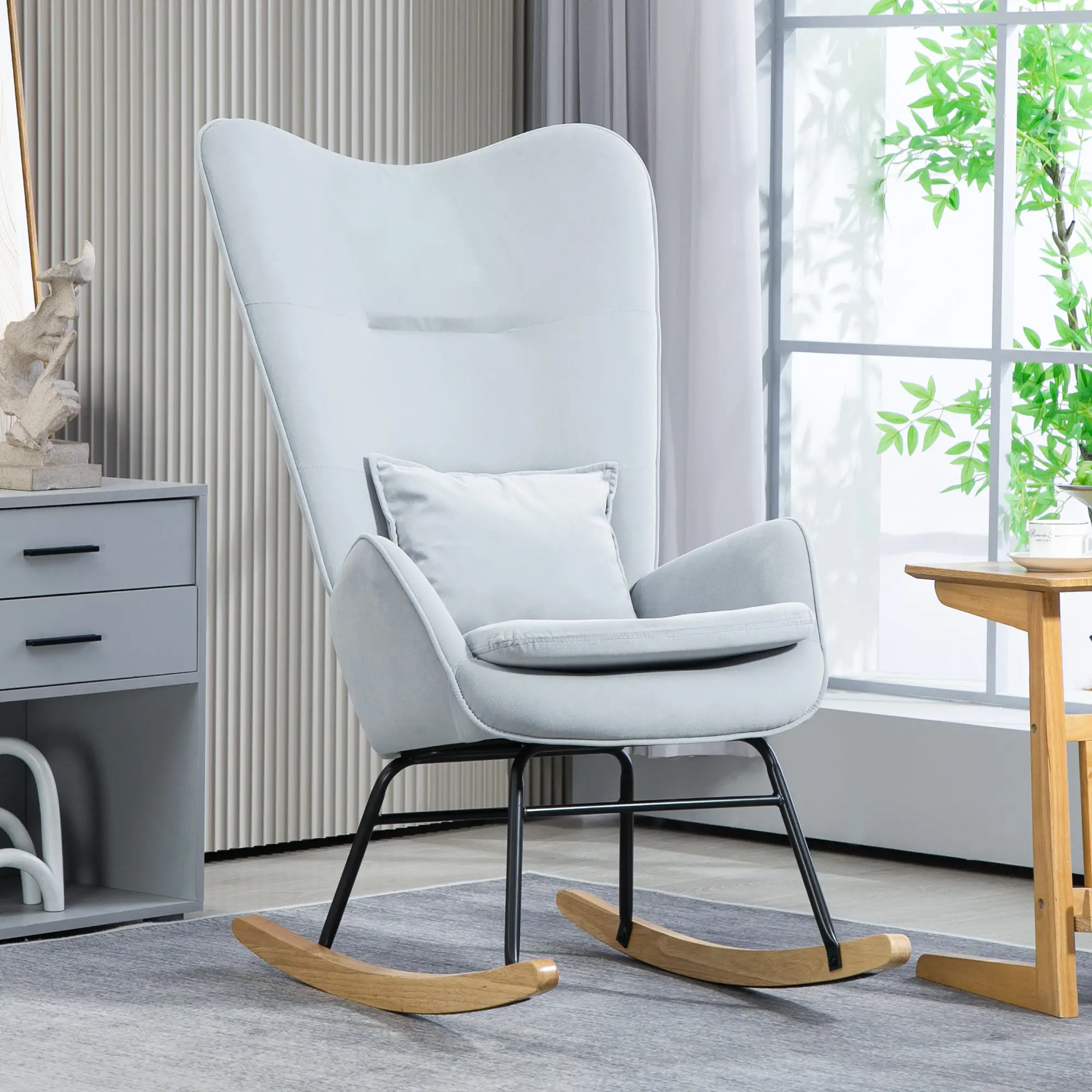 HOMCOM Schaukelstuhl Schwingsessel samtweich mit Nierenkissen hellgrau